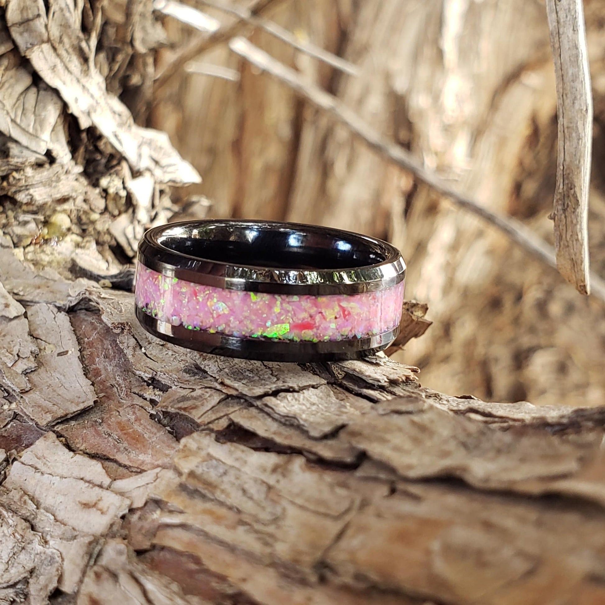 Pink Dream Opal Crystal Inlay Ring, Ceramic Band, Men & Women, Wedding Ring, His Hers Promise Ring, Engagement Ring