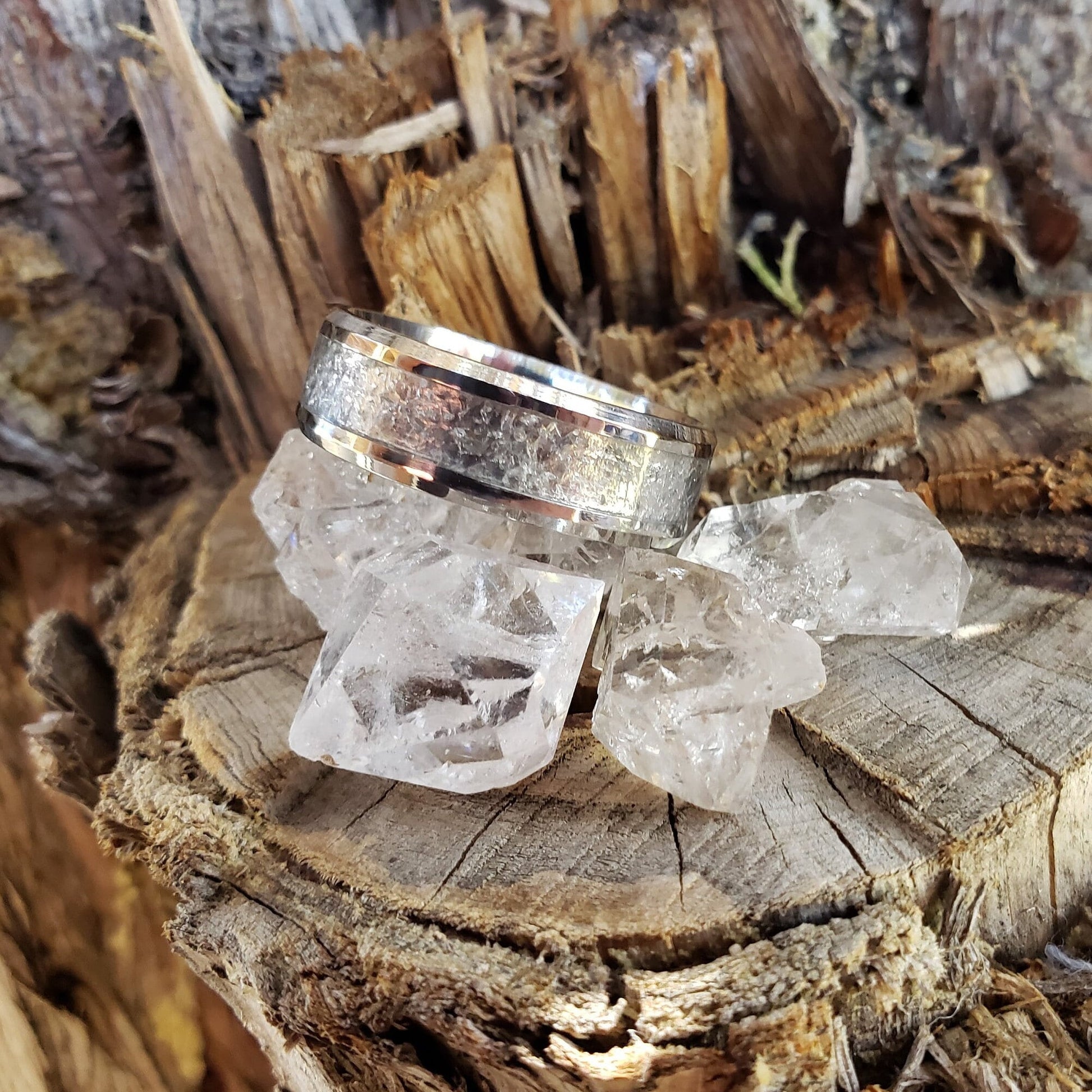 Polaris Ring - Herkimer Diamond Crystal Inlay Ring, Tungsten Titanium, Men & Women, Wedding Ring, His Hers Promise, Engagement Ring 8mm 6mm