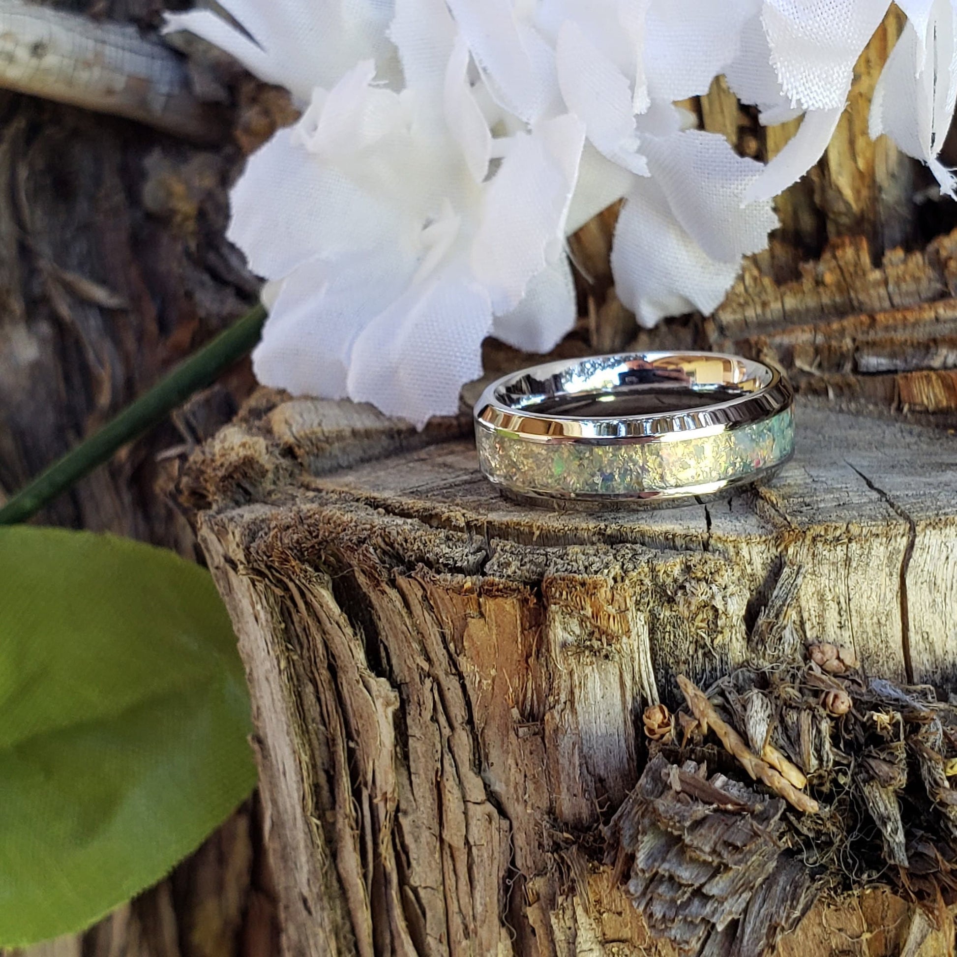 Mystic Fire Ring - Ethiopian Opal Crystal Inlay Ring, Tungsten Ceramic, Men Women, Wedding Ring, His Hers Promise, Engagement Ring 8mm 6mm