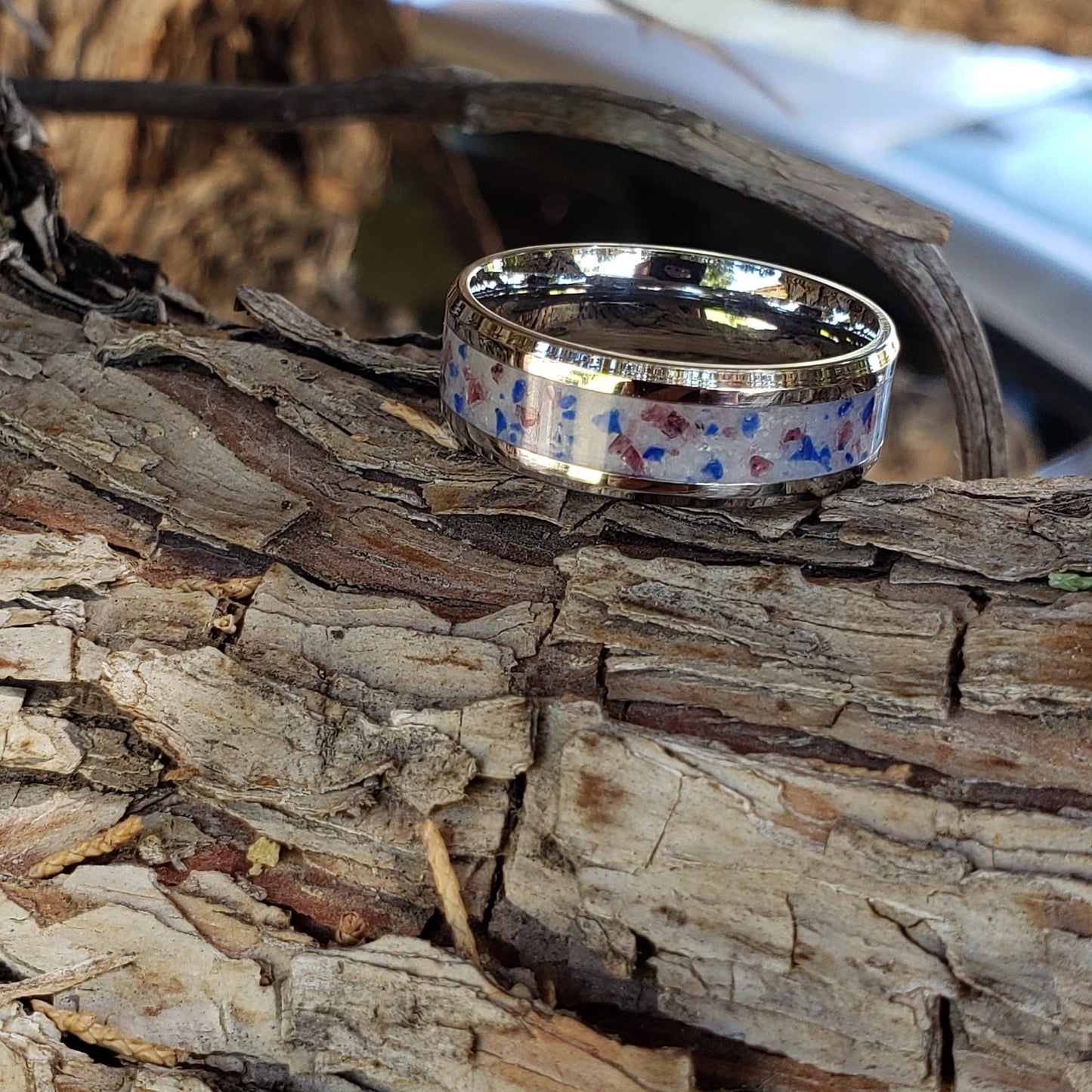 Patriot Ring - Garnet, Lapis & Marble Crystal Inlay Ring, Tungsten Titanium Ceramic, Men Women, Wedding Ring, His Hers Promise, Engagement