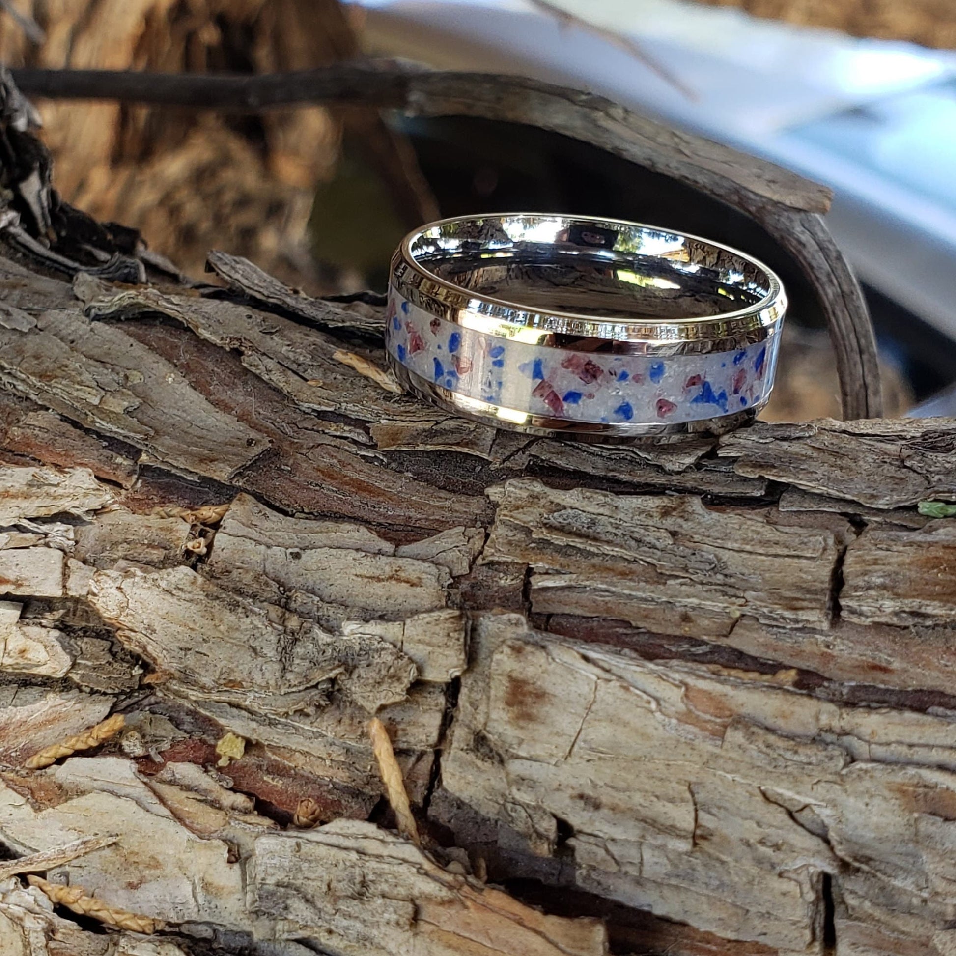 Patriot Ring - Garnet, Lapis & Marble Crystal Inlay Ring, Tungsten Titanium Ceramic, Men Women, Wedding Ring, His Hers Promise, Engagement