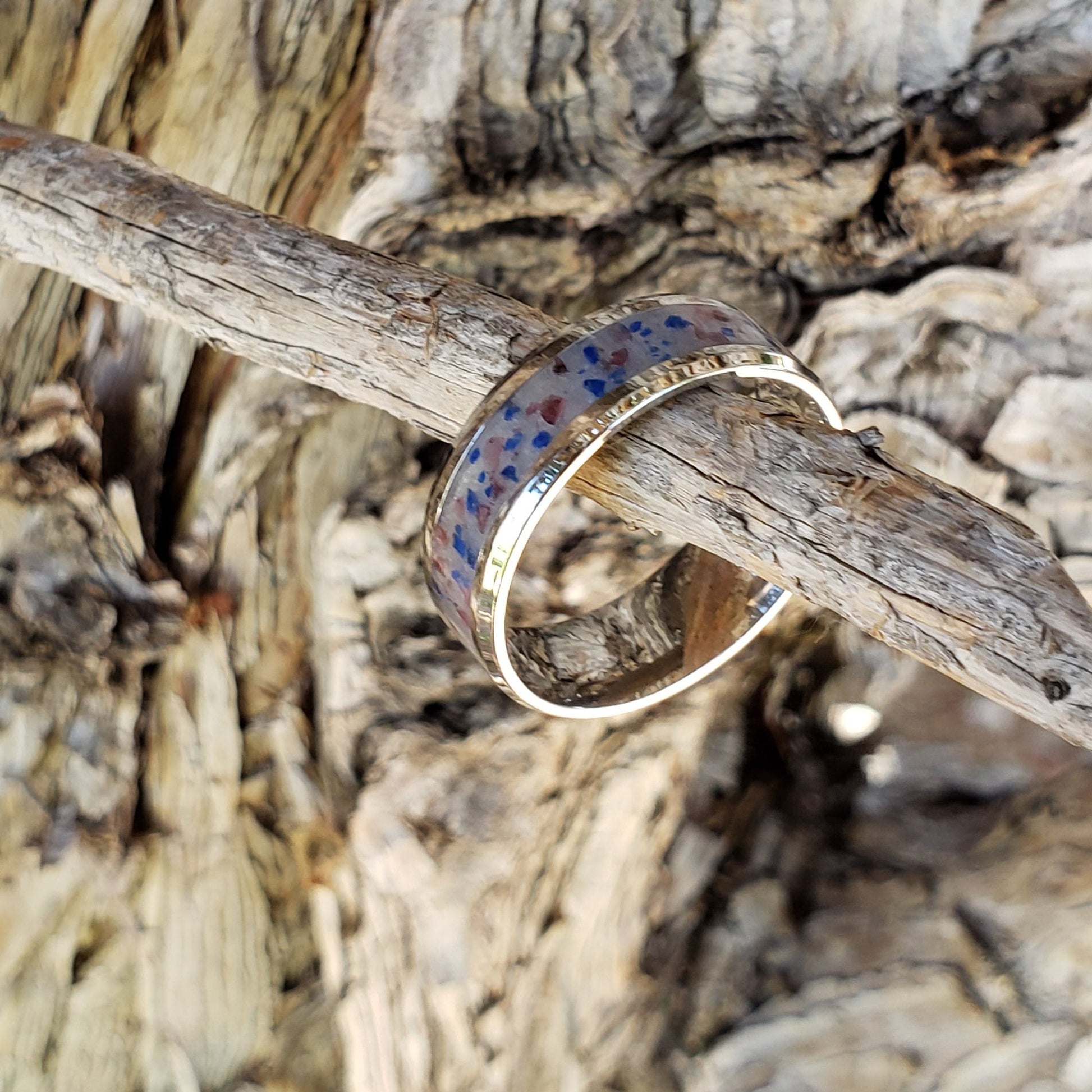 Patriot Ring - Garnet, Lapis & Marble Crystal Inlay Ring, Tungsten Titanium Ceramic, Men Women, Wedding Ring, His Hers Promise, Engagement