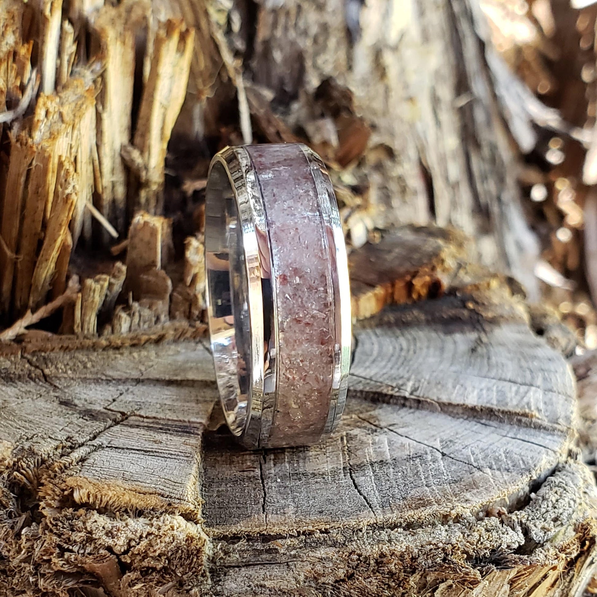 Rosé Ring - Pink Aventurine Crystal Inlay Ring, Tungsten Titanium Ceramic, Men Women, Wedding Ring, His Hers Promise, Engagement 8mm 6mm