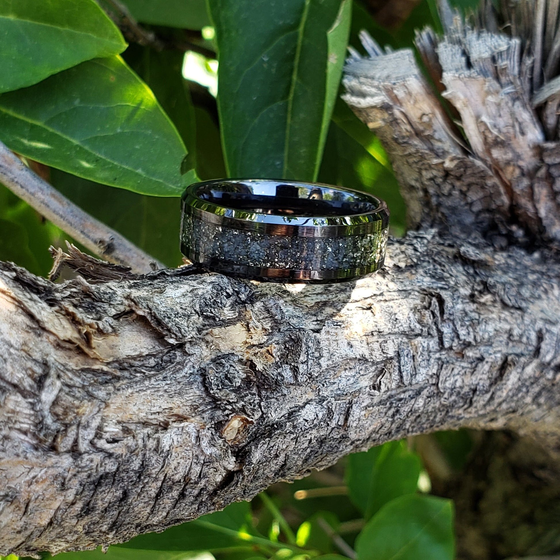 Milky Way Glow Ring - Pyrite & Glow Stone Crystal Inlay Ring, Tungsten Titanium Ceramic, Men Women, Wedding, His Hers Promise, Engagement