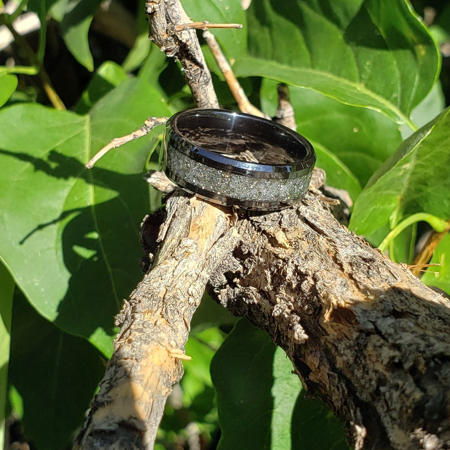Milky Way Glow Ring - Pyrite & Glow Stone Crystal Inlay Ring, Tungsten Titanium Ceramic, Men Women, Wedding, His Hers Promise, Engagement