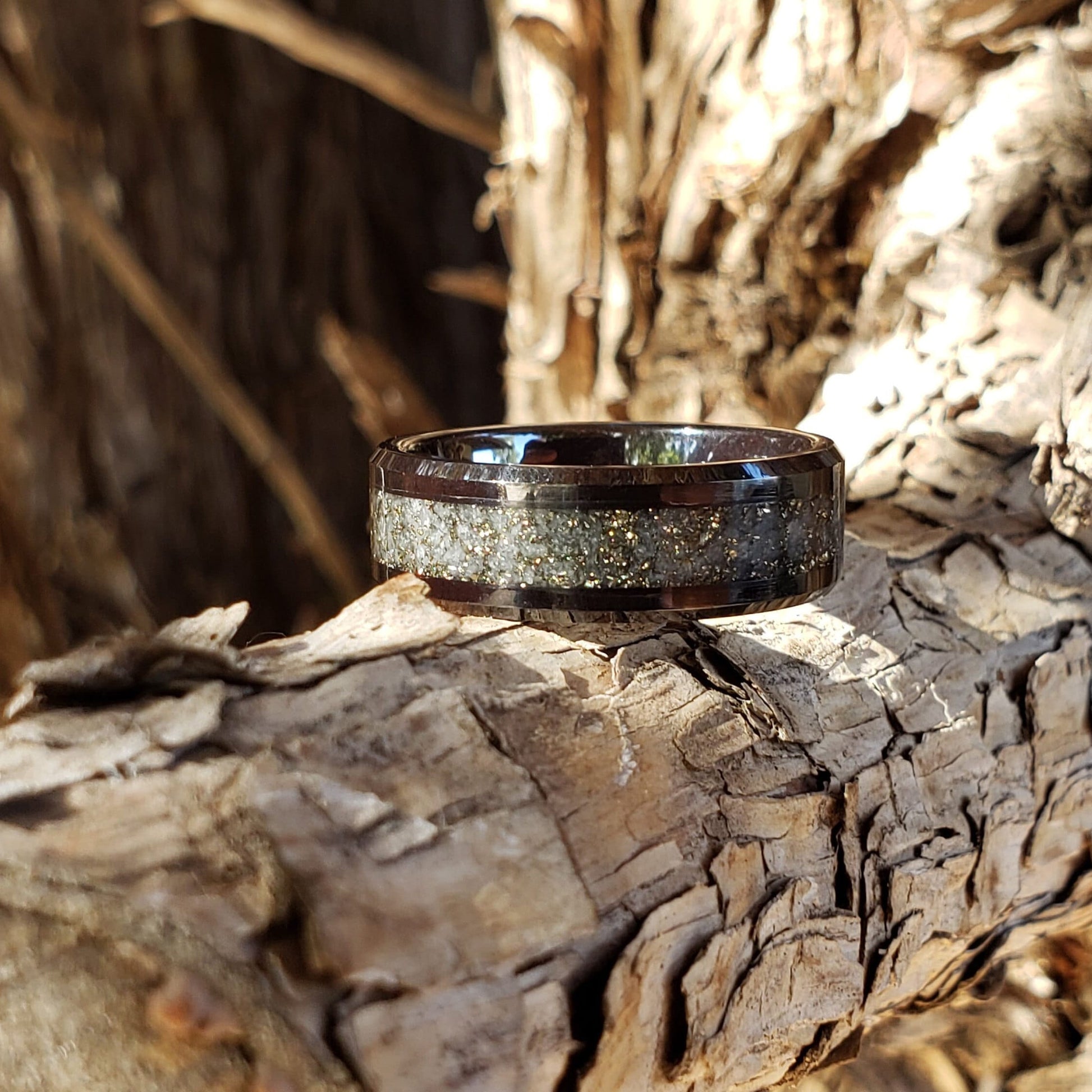 Milky Way Glow Ring - Pyrite & Glow Stone Crystal Inlay Ring, Tungsten Titanium Ceramic, Men Women, Wedding, His Hers Promise, Engagement
