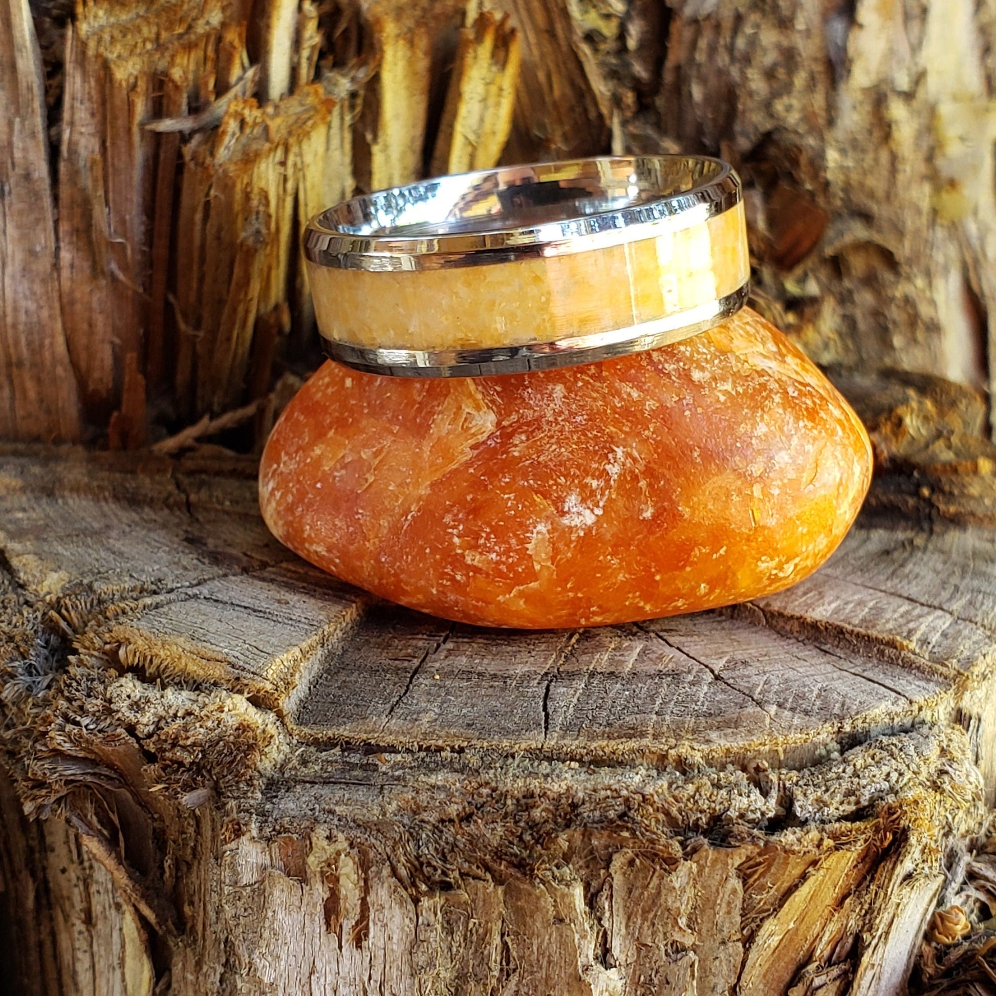 Orange Sky Ring - African Sunstone Crystal Inlay Ring, Tungsten Titanium. Ceramic, Men Women, Wedding Ring, His Hers Promise, Engagement