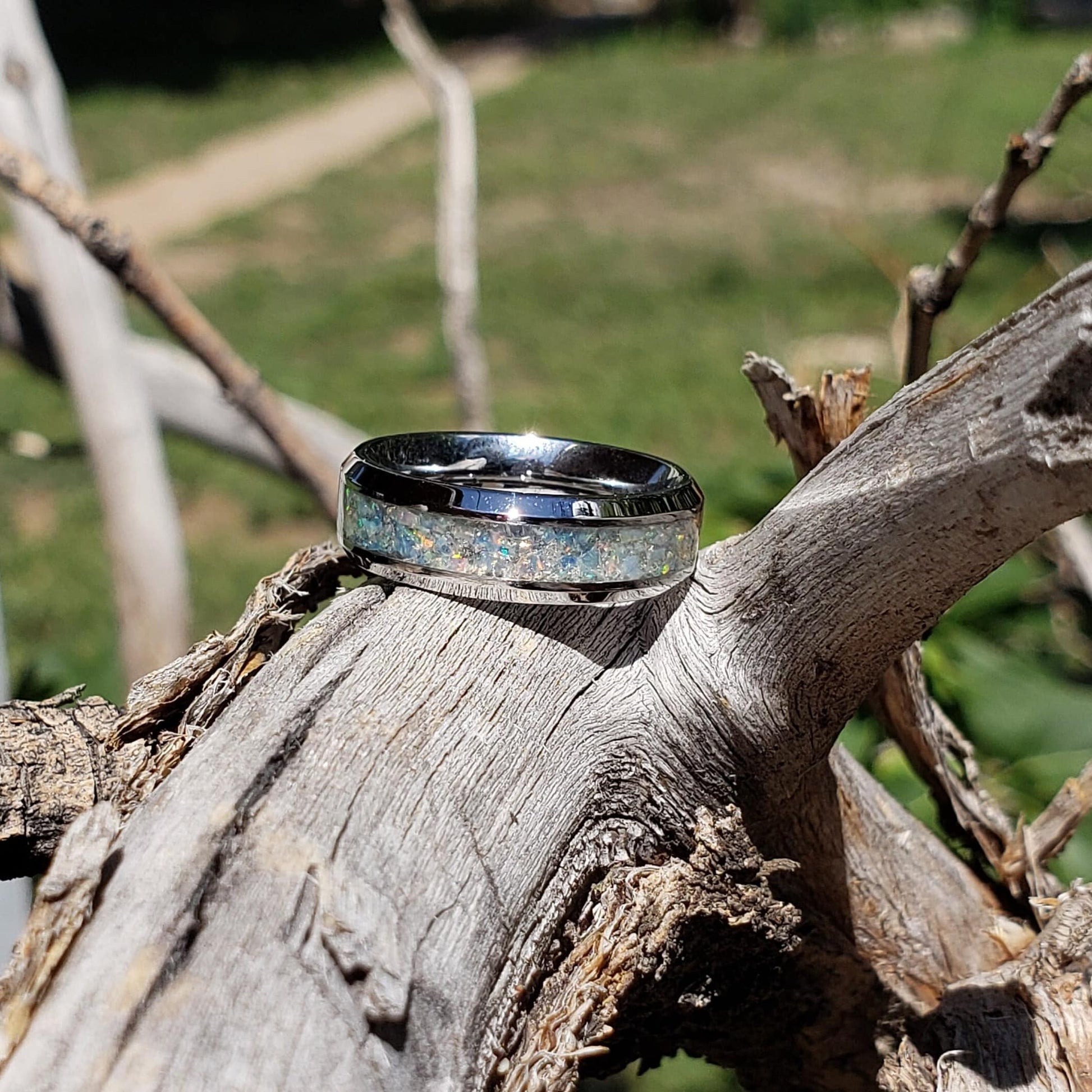 Mystic Fire Ring - Ethiopian Opal Crystal Inlay Ring, Tungsten Ceramic, Men Women, Wedding Ring, His Hers Promise, Engagement Ring 8mm 6mm