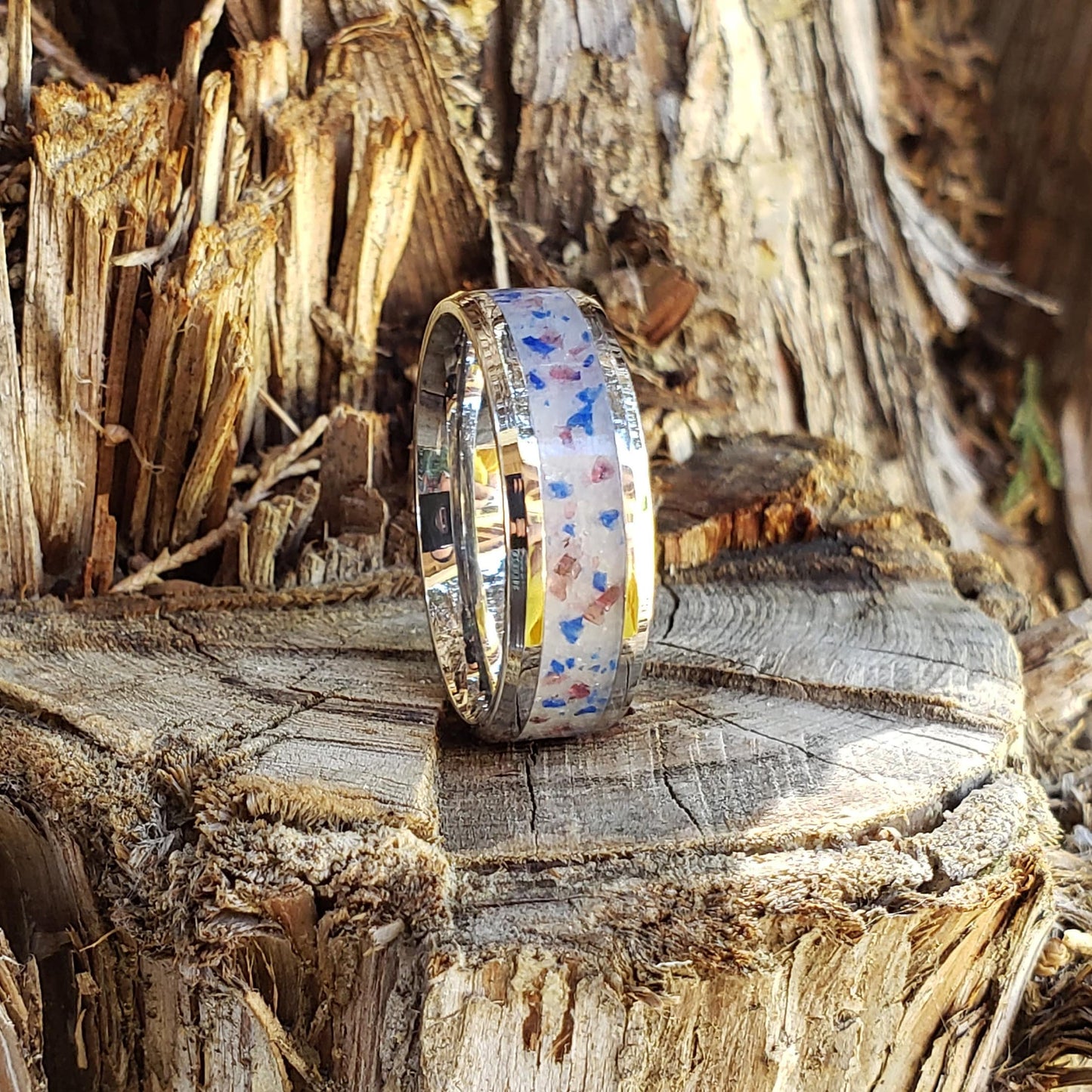 Patriot Ring - Garnet, Lapis & Marble Crystal Inlay Ring, Tungsten Titanium Ceramic, Men Women, Wedding Ring, His Hers Promise, Engagement
