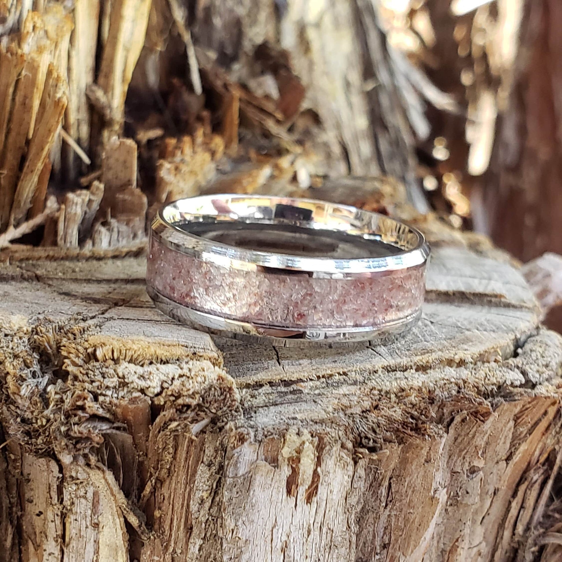 Rosé Ring - Pink Aventurine Crystal Inlay Ring, Tungsten Titanium Ceramic, Men Women, Wedding Ring, His Hers Promise, Engagement 8mm 6mm