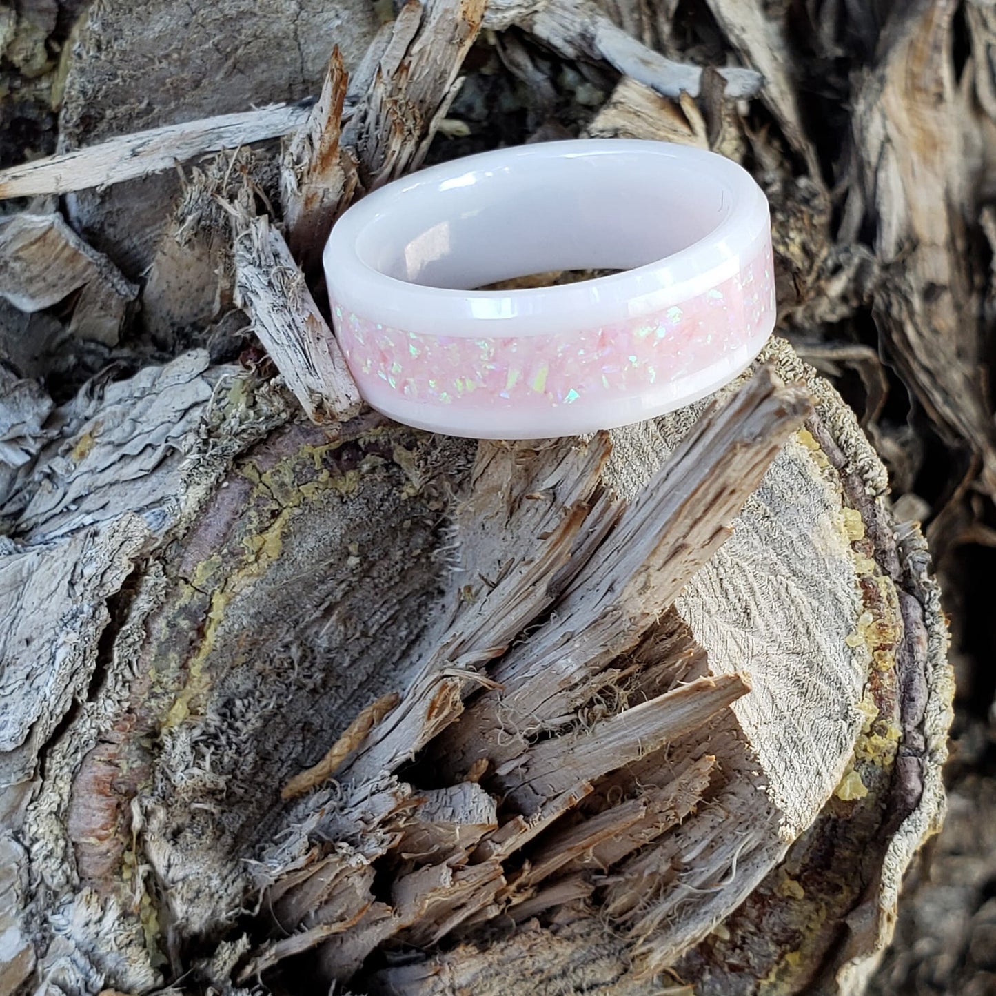 Blush Ring - Opal Crystal Inlay Ring, Tungsten Titanium Ceramic, Men Women, Wedding Ring, His Hers Promise, Engagement Ring 8mm 6mm