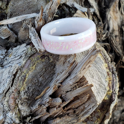 Blush Ring - Opal Crystal Inlay Ring, Tungsten Titanium Ceramic, Men Women, Wedding Ring, His Hers Promise, Engagement Ring 8mm 6mm