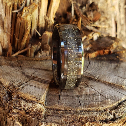 Milky Way Glow Ring - Pyrite & Glow Stone Crystal Inlay Ring, Tungsten Titanium Ceramic, Men Women, Wedding, His Hers Promise, Engagement