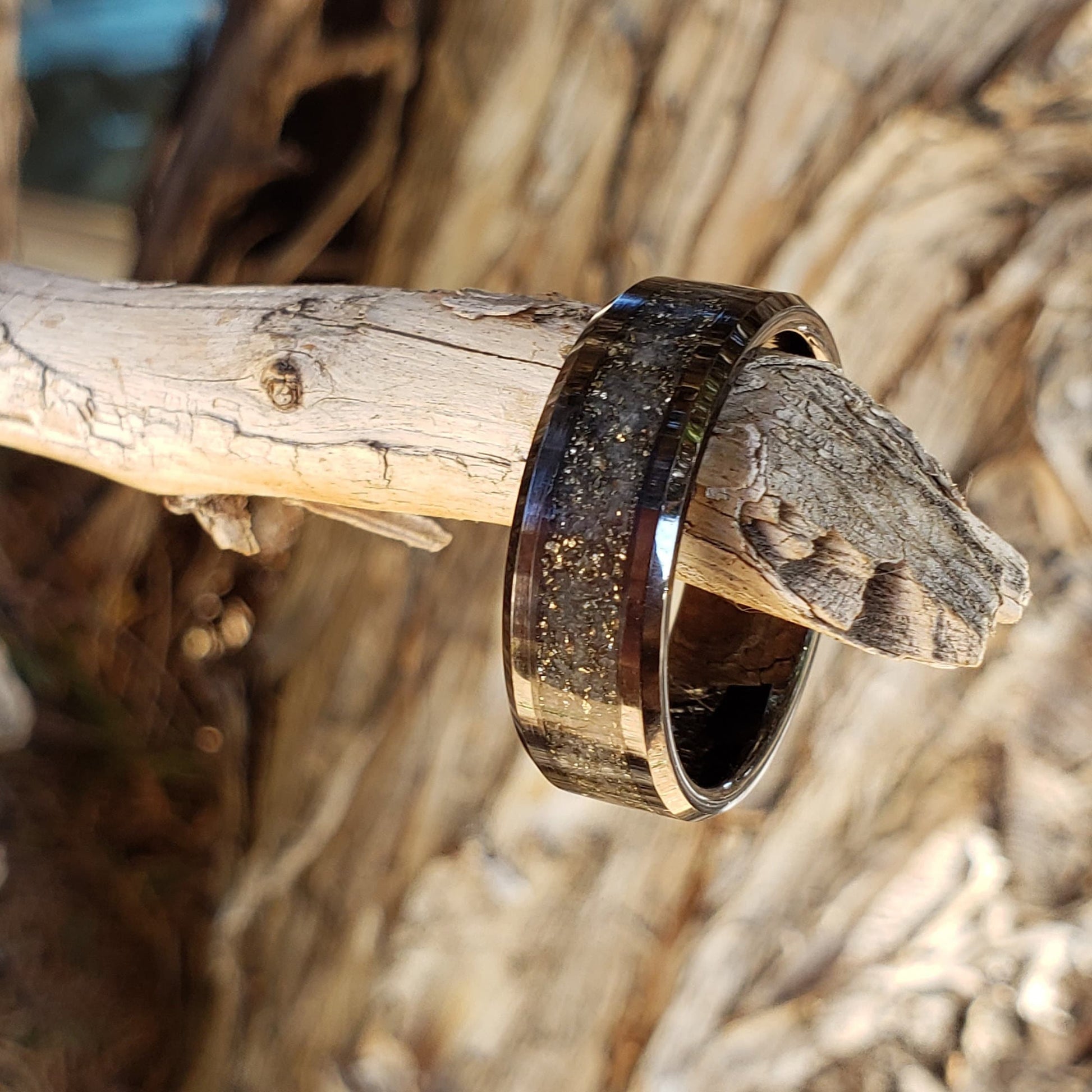 Milky Way Glow Ring - Pyrite & Glow Stone Crystal Inlay Ring, Tungsten Titanium Ceramic, Men Women, Wedding, His Hers Promise, Engagement