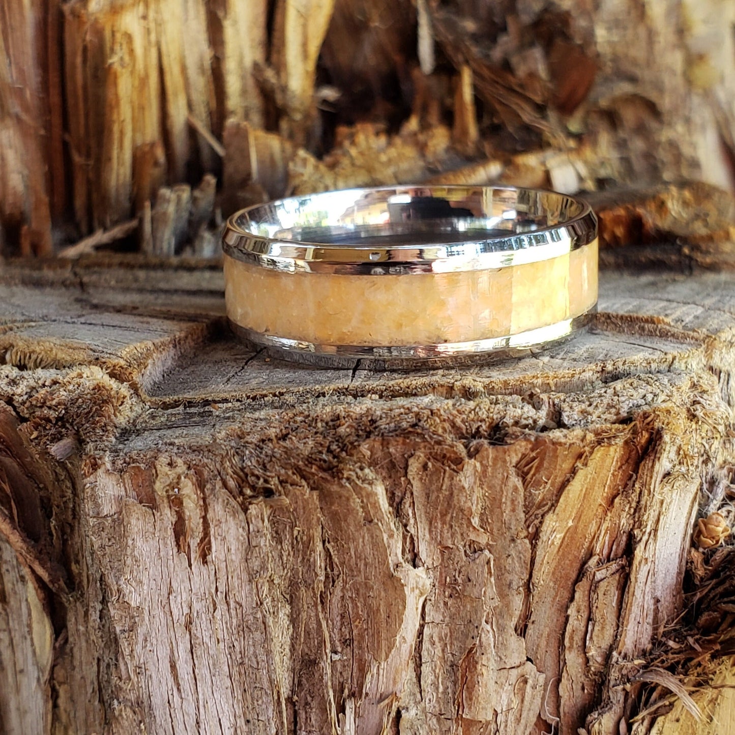 Orange Sky Ring - African Sunstone Crystal Inlay Ring, Tungsten Titanium. Ceramic, Men Women, Wedding Ring, His Hers Promise, Engagement