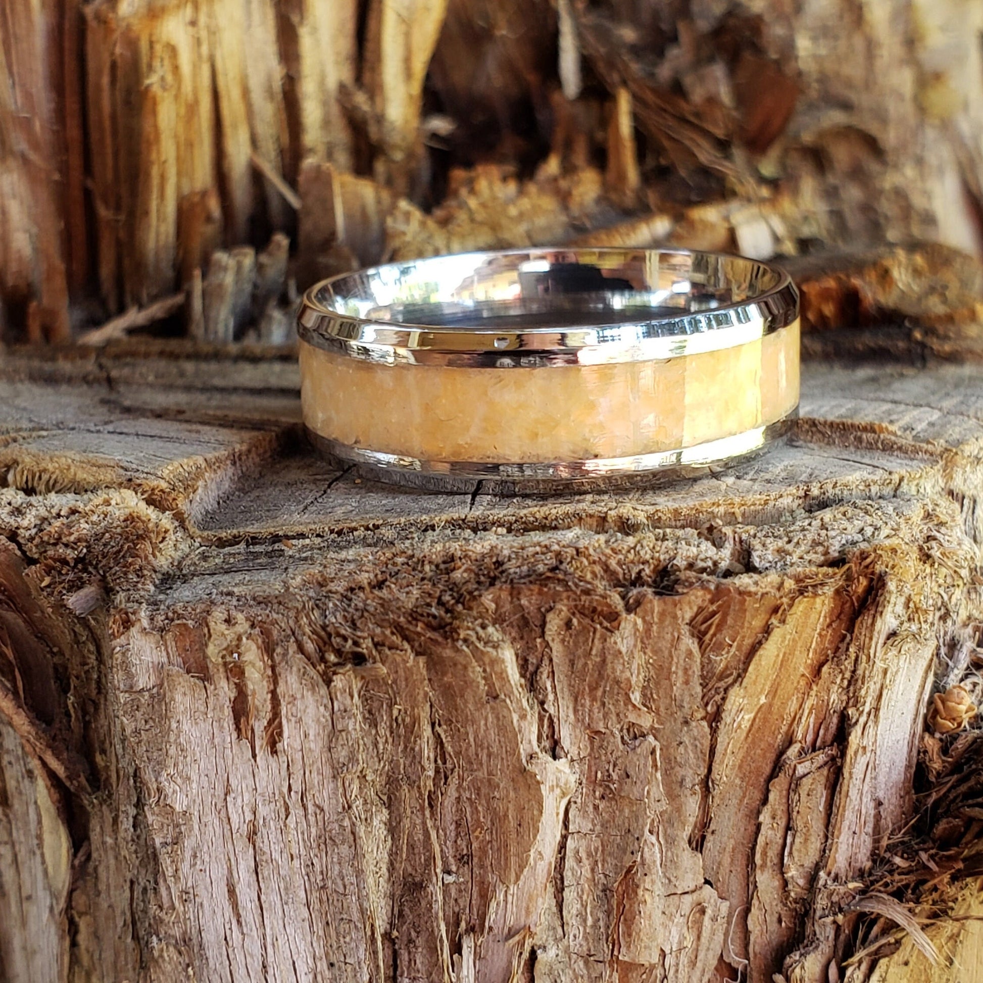 Orange Sky Ring - African Sunstone Crystal Inlay Ring, Tungsten Titanium. Ceramic, Men Women, Wedding Ring, His Hers Promise, Engagement