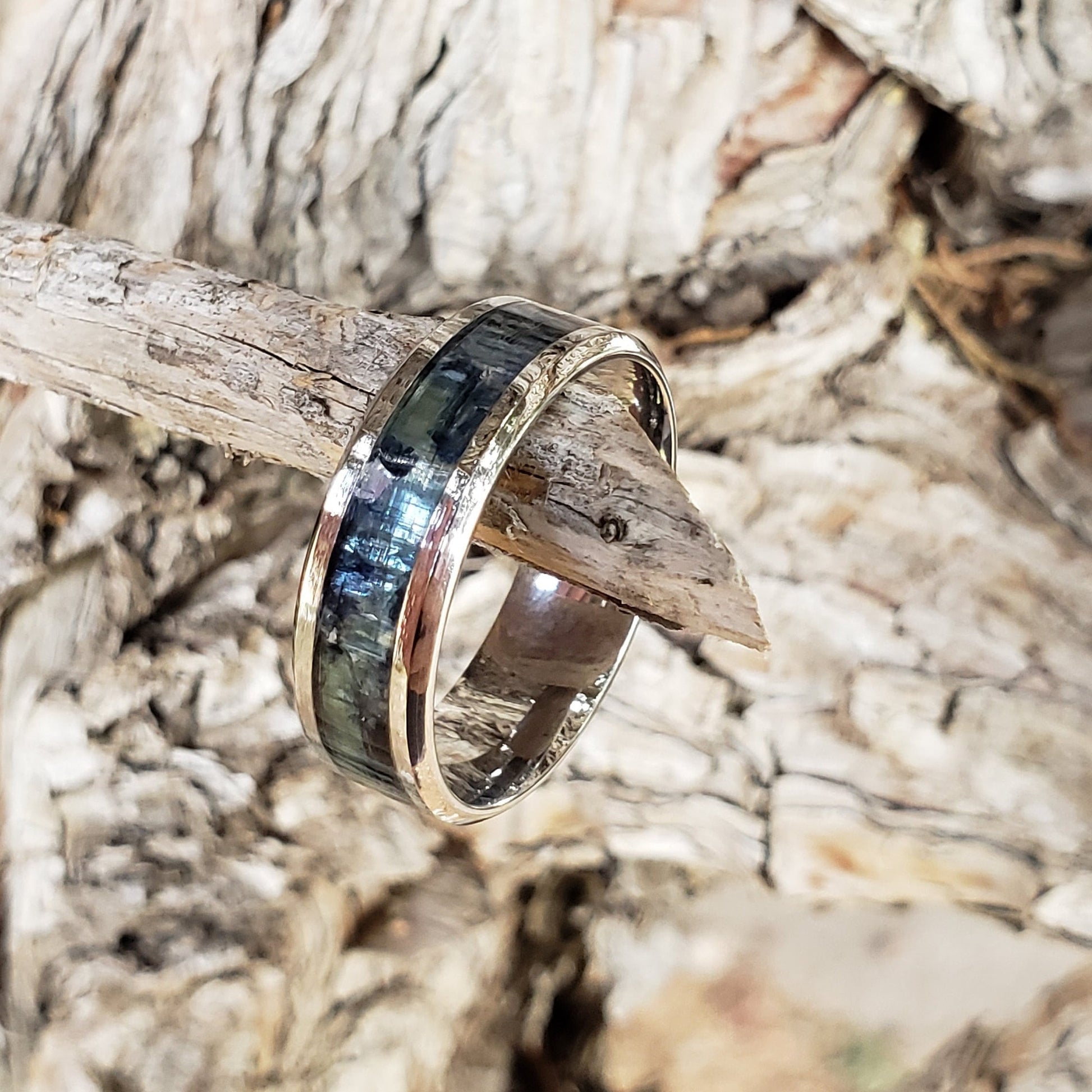 Necro Ring - Vivianite Crystal Inlay Ring, Tungsten Titanium Ceramic, Men Women, Wedding, His Hers Promise, Engagement Rings 8mm 6mm