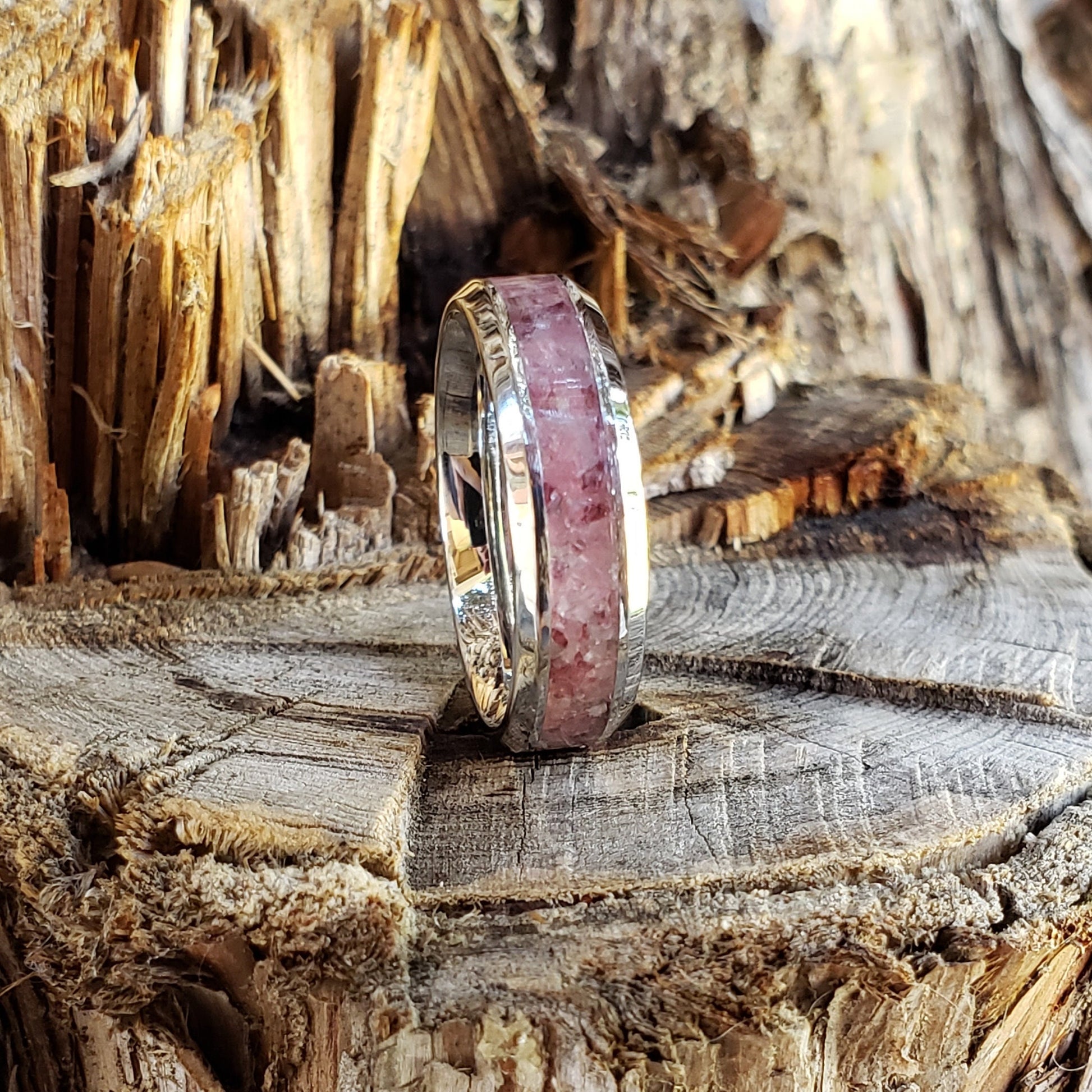True Love Ring - Rose Quartz Rhodonite Garnet Crystal Inlay, Tungsten Titanium, Men Women, Wedding, His Hers Promise, Engagement Rings