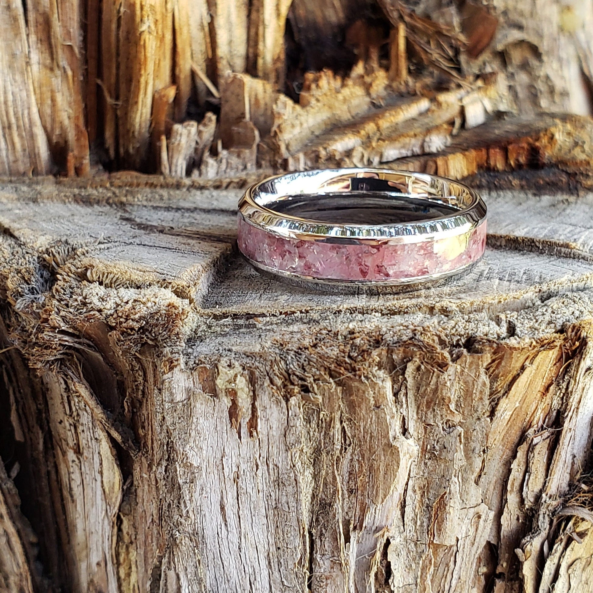 True Love Ring - Rose Quartz Rhodonite Garnet Crystal Inlay, Tungsten Titanium, Men Women, Wedding, His Hers Promise, Engagement Rings