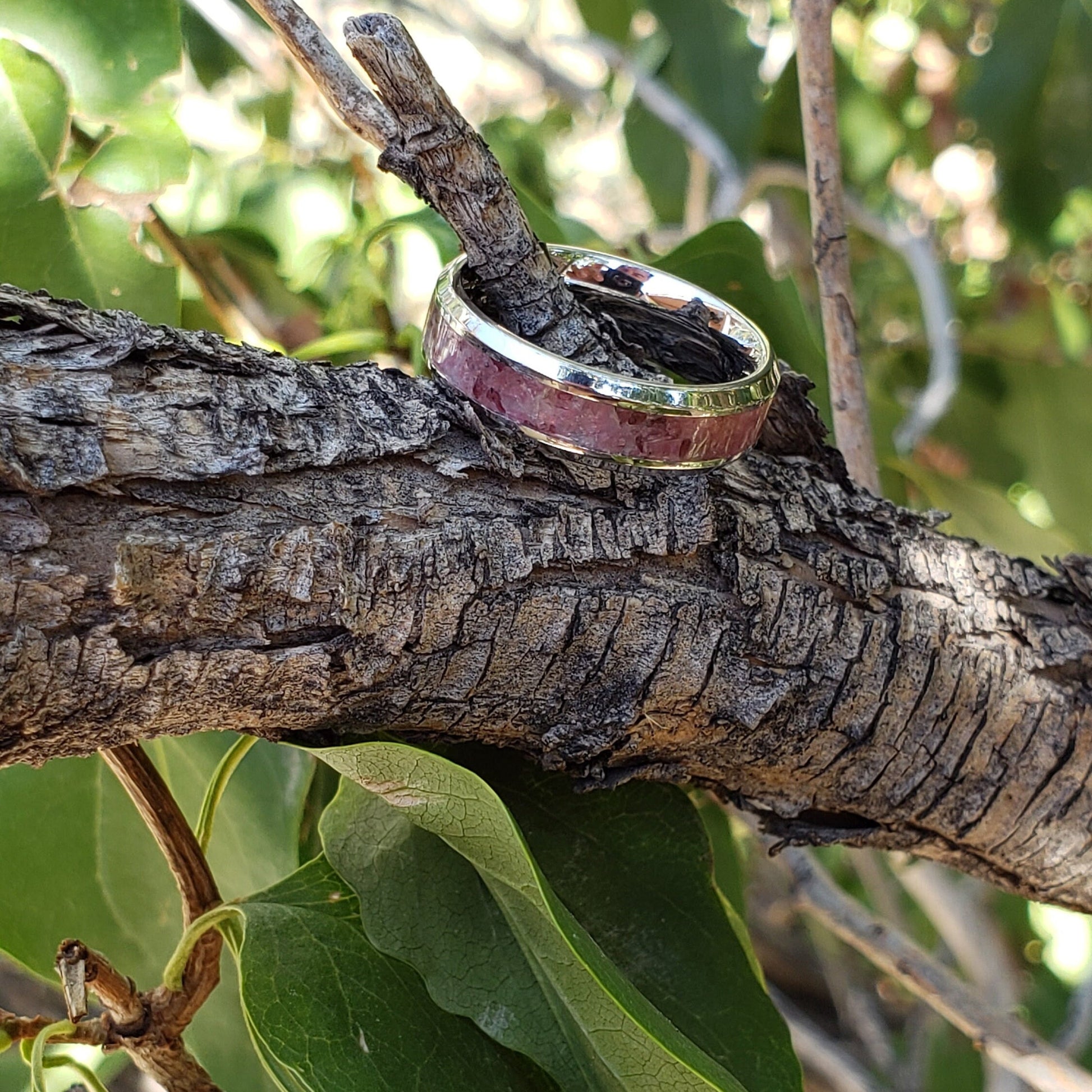 True Love Ring - Rose Quartz Rhodonite Garnet Crystal Inlay, Tungsten Titanium, Men Women, Wedding, His Hers Promise, Engagement Rings