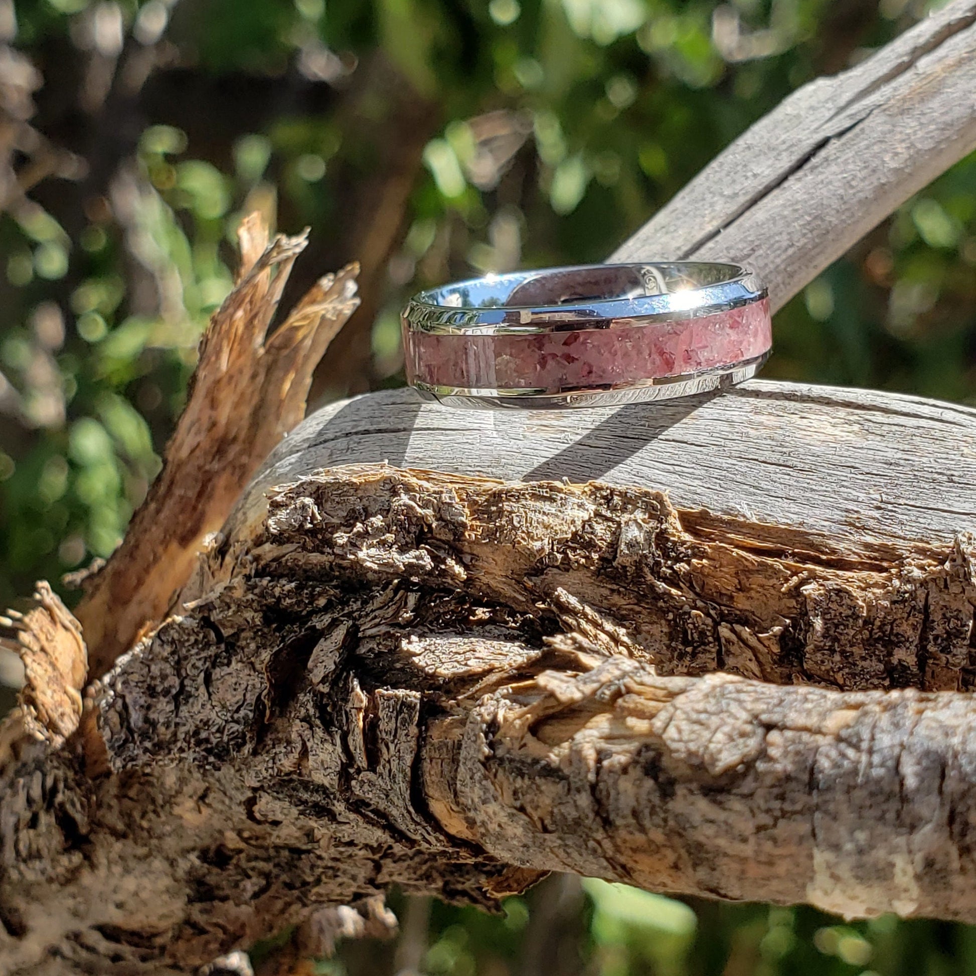 True Love Ring - Rose Quartz Rhodonite Garnet Crystal Inlay, Tungsten Titanium, Men Women, Wedding, His Hers Promise, Engagement Rings