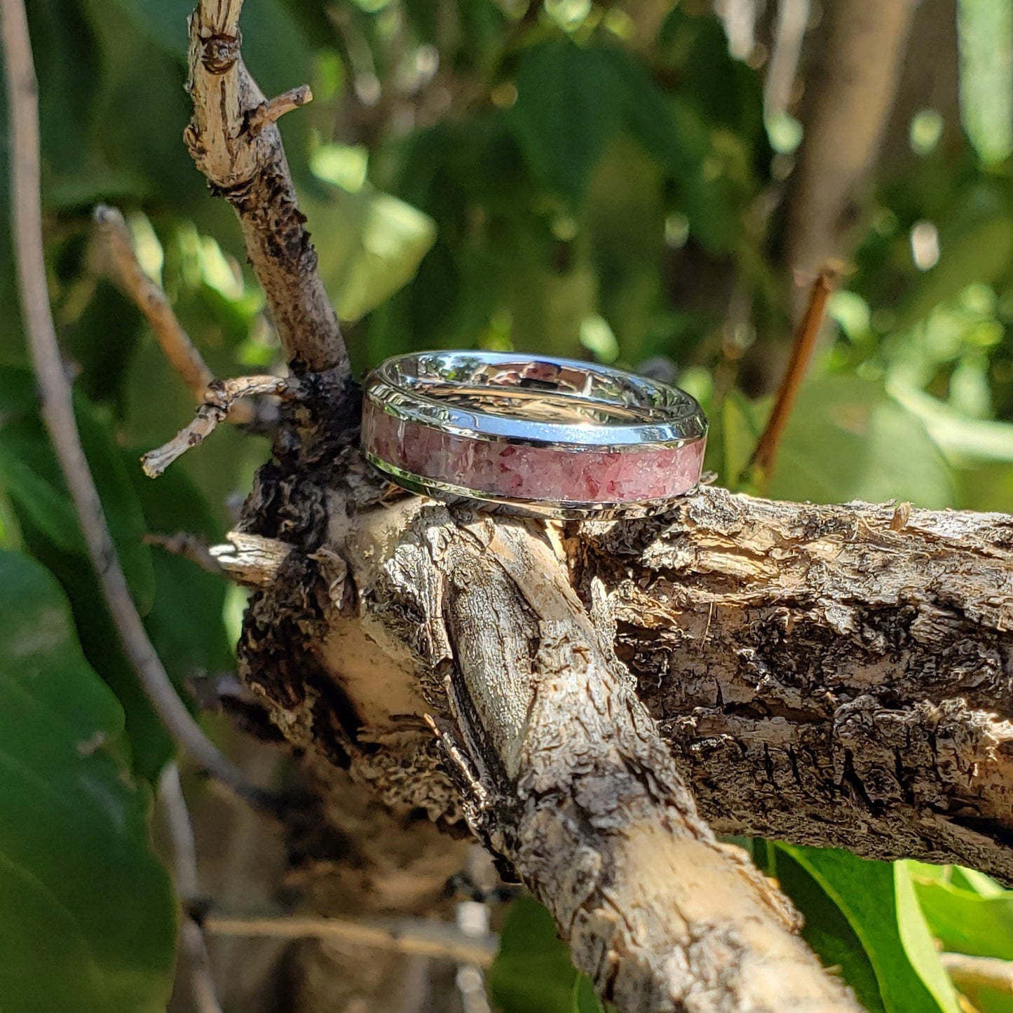 True Love Ring - Rose Quartz Rhodonite Garnet Crystal Inlay, Tungsten Titanium, Men Women, Wedding, His Hers Promise, Engagement Rings