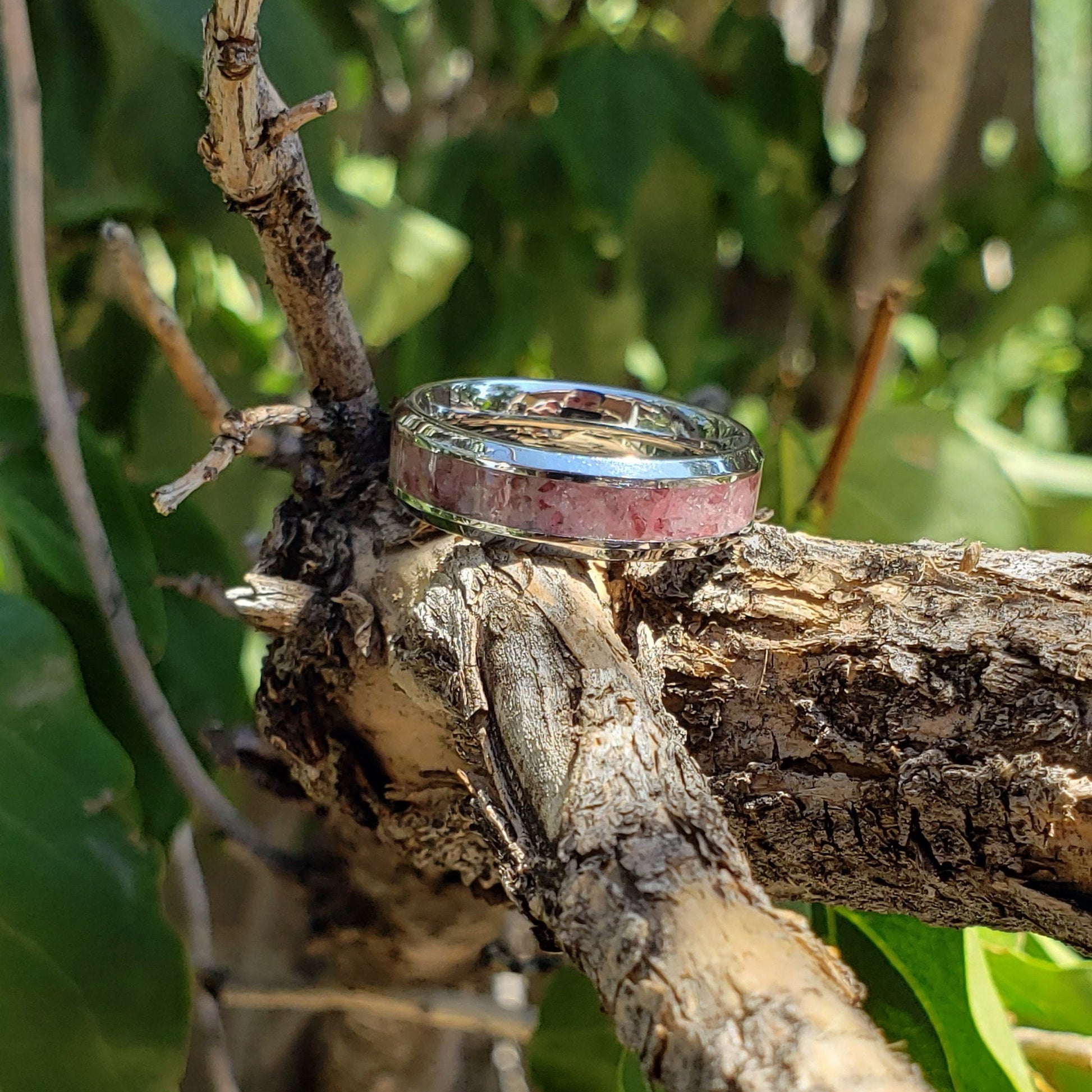 True Love Ring - Rose Quartz Rhodonite Garnet Crystal Inlay, Tungsten Titanium, Men Women, Wedding, His Hers Promise, Engagement Rings