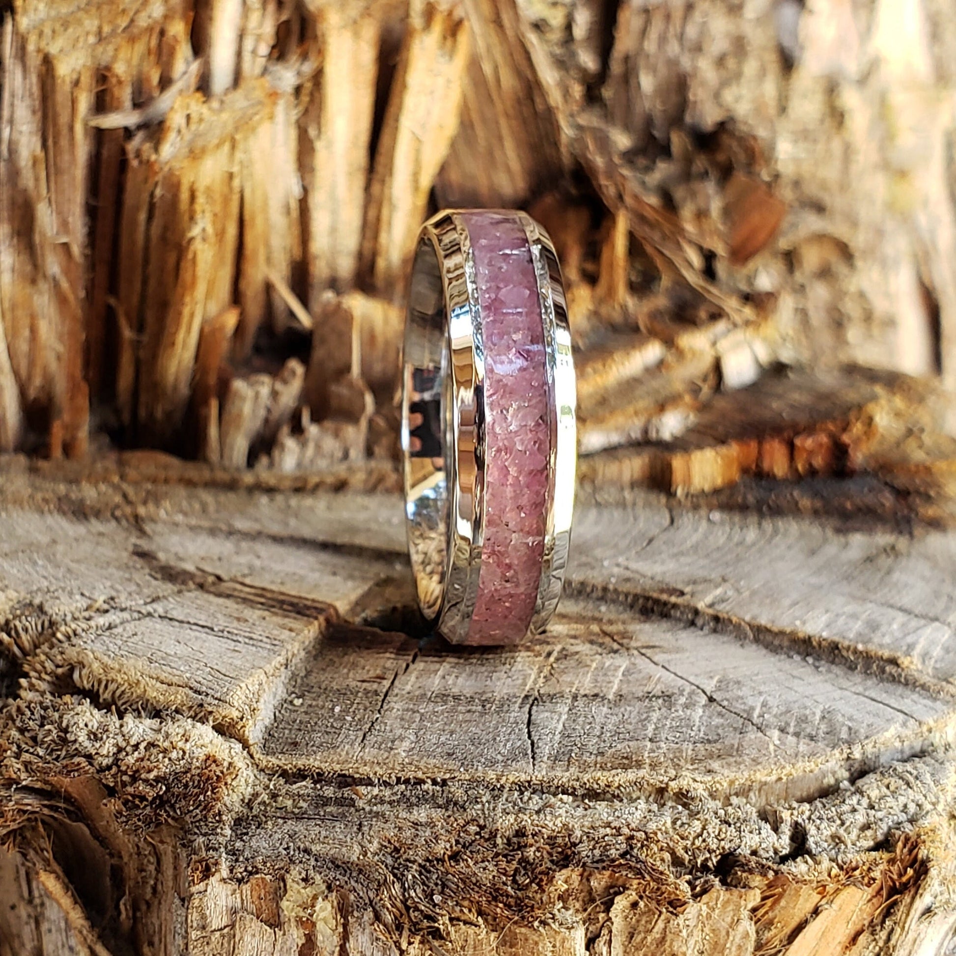 Heart Strings Ring - Pink Tourmaline Crystal Inlay, Tungsten Titanium Ceramic, Men Women, Wedding Ring, His Hers Promise, Engagement Ring