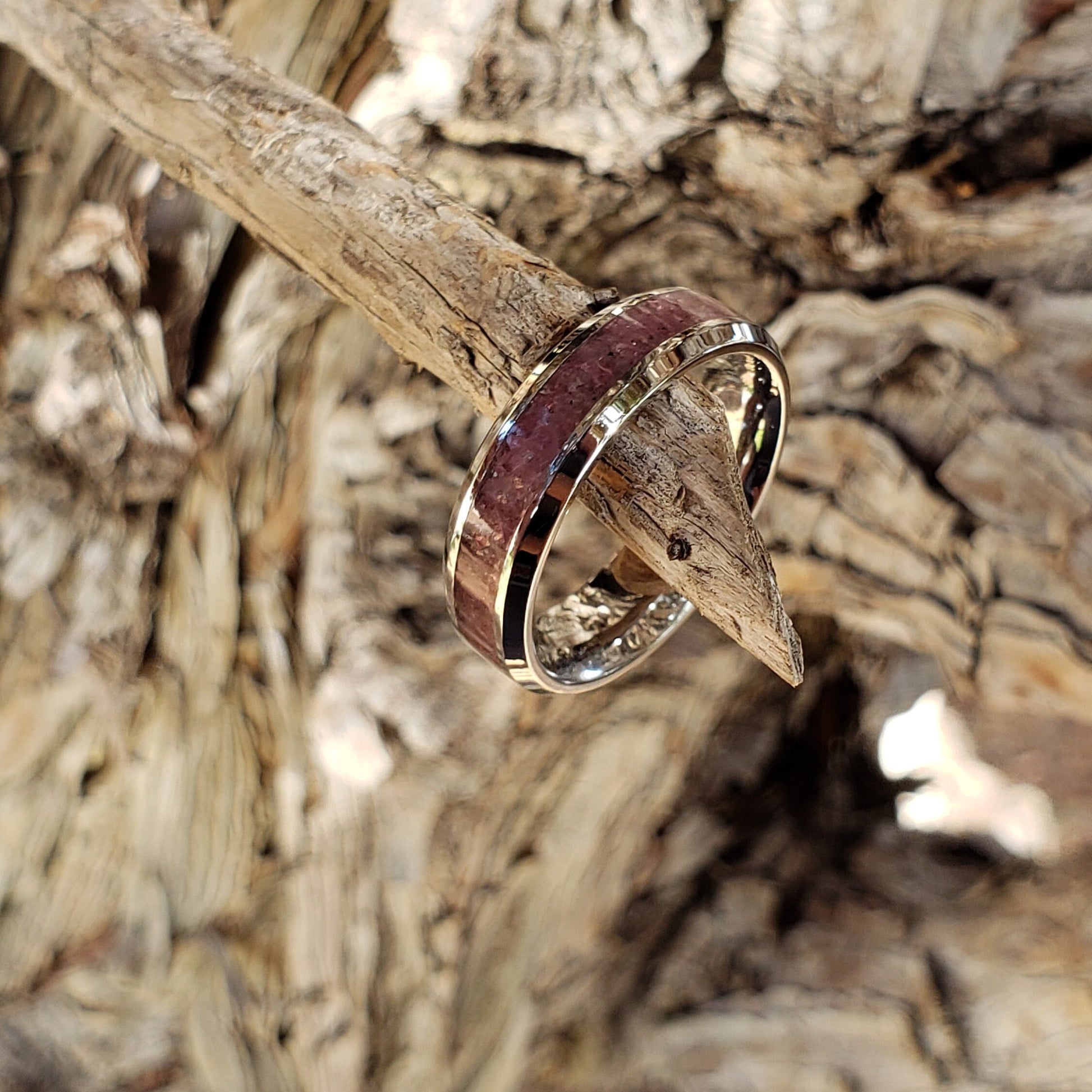 Heart Strings Ring - Pink Tourmaline Crystal Inlay, Tungsten Titanium Ceramic, Men Women, Wedding Ring, His Hers Promise, Engagement Ring