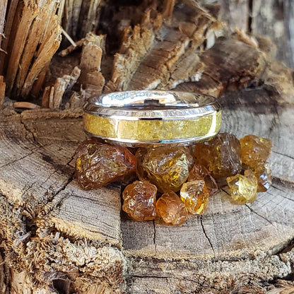 Sunshine Ring - Golden Mali Garnet Crystal Inlay, Tungsten Titanium Ceramic, Men Women, Wedding Ring, His Hers Promise, Engagement Ring