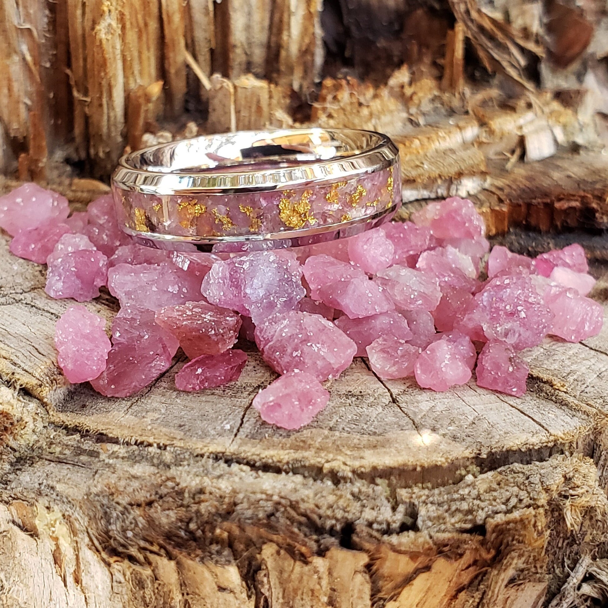 Pink Gold Ring - Pink Tourmaline & Gold Crystal Inlay, Tungsten Titanium Ceramic, Men Women, Wedding Ring, His Hers Promise, Engagement