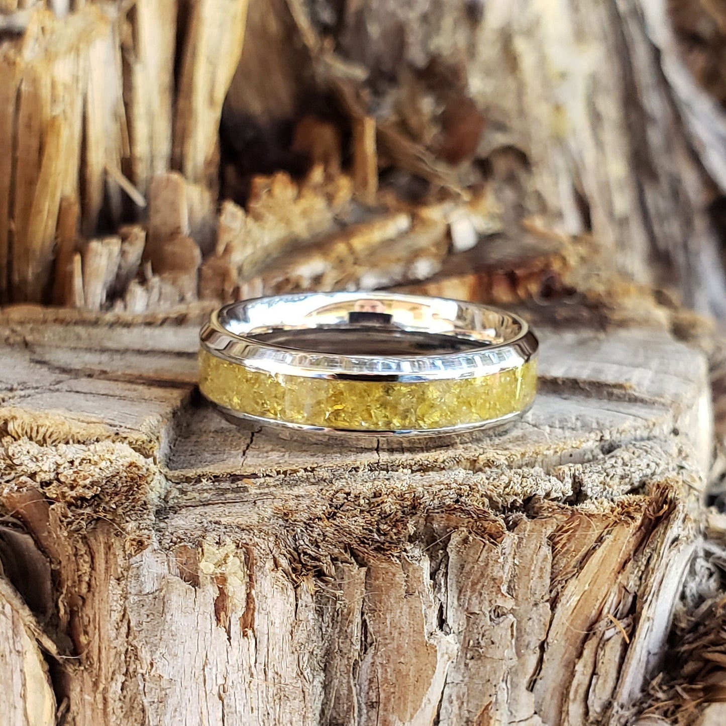 Sunshine Ring - Golden Mali Garnet Crystal Inlay, Tungsten Titanium Ceramic, Men Women, Wedding Ring, His Hers Promise, Engagement Ring