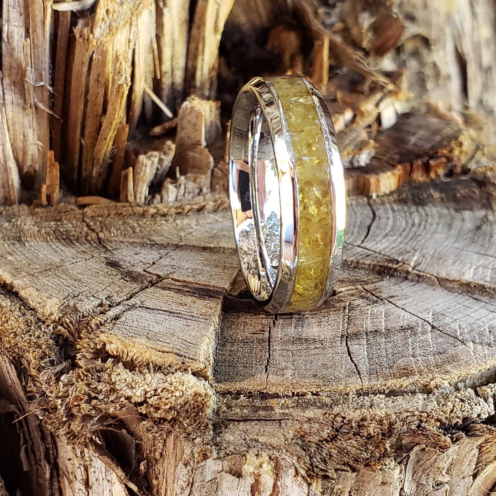 Sunshine Ring - Golden Mali Garnet Crystal Inlay, Tungsten Titanium Ceramic, Men Women, Wedding Ring, His Hers Promise, Engagement Ring