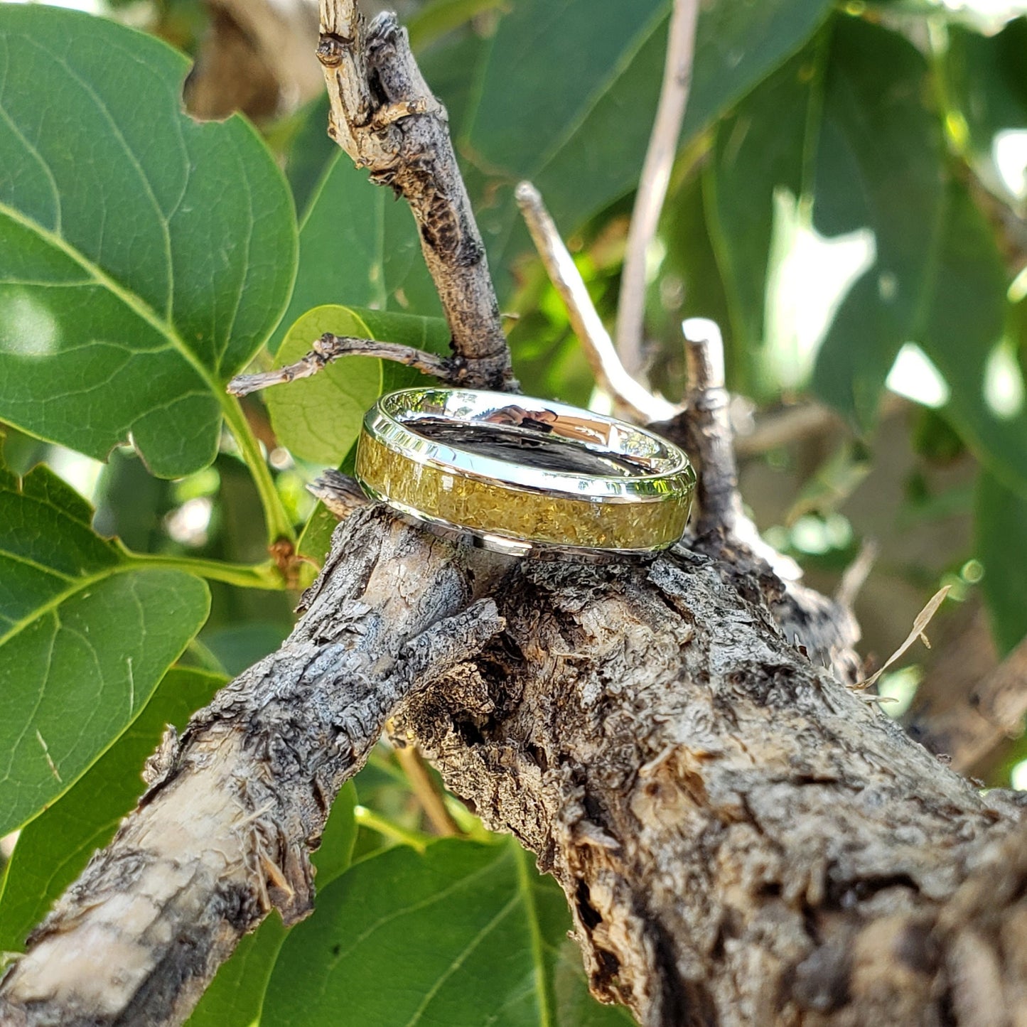 Sunshine Ring - Golden Mali Garnet Crystal Inlay, Tungsten Titanium Ceramic, Men Women, Wedding Ring, His Hers Promise, Engagement Ring