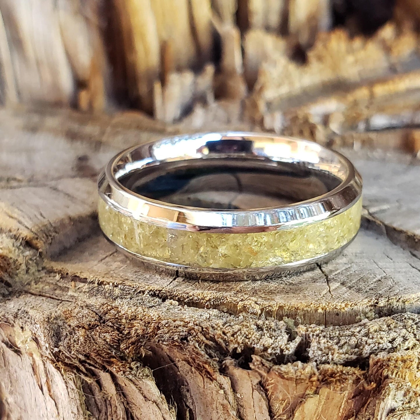 Mellow Ring - Yellow Garnet Crystal Inlay, Tungsten Titanium Ceramic, Men Women, Wedding Ring, His Hers Promise, Engagement Ring 8mm 6mm