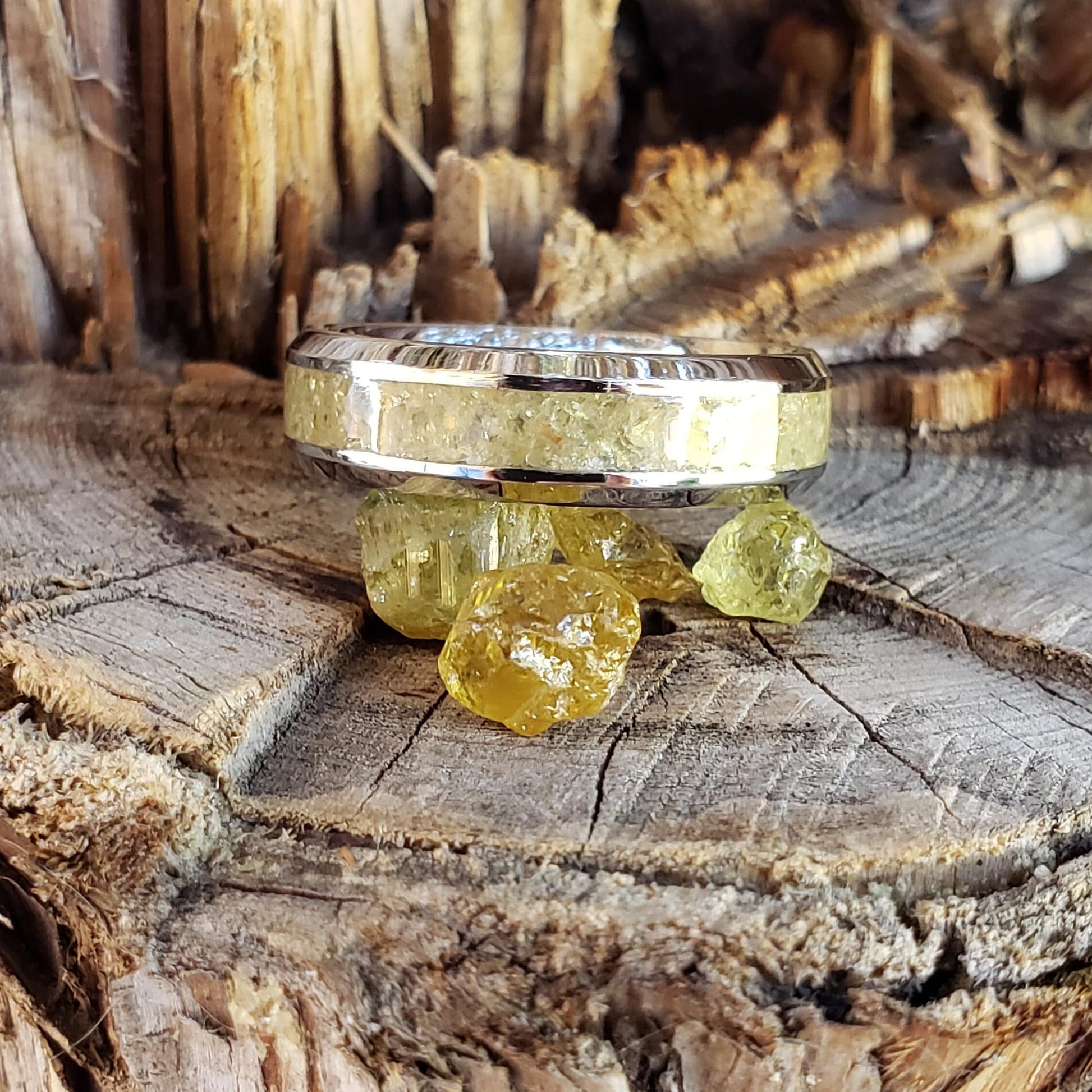 Mellow Ring - Yellow Garnet Crystal Inlay, Tungsten Titanium Ceramic, Men Women, Wedding Ring, His Hers Promise, Engagement Ring 8mm 6mm