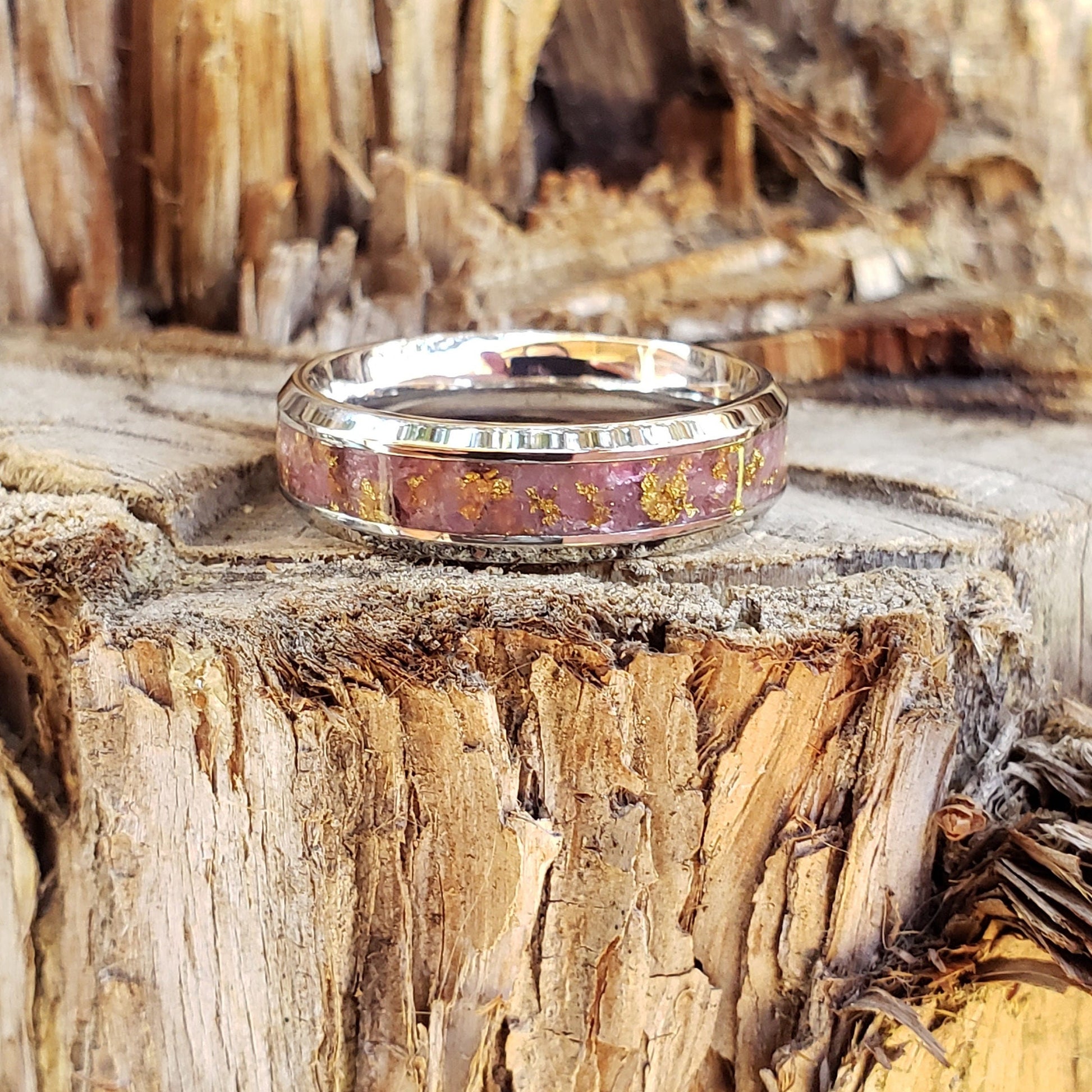 Pink Gold Ring - Pink Tourmaline & Gold Crystal Inlay, Tungsten Titanium Ceramic, Men Women, Wedding Ring, His Hers Promise, Engagement