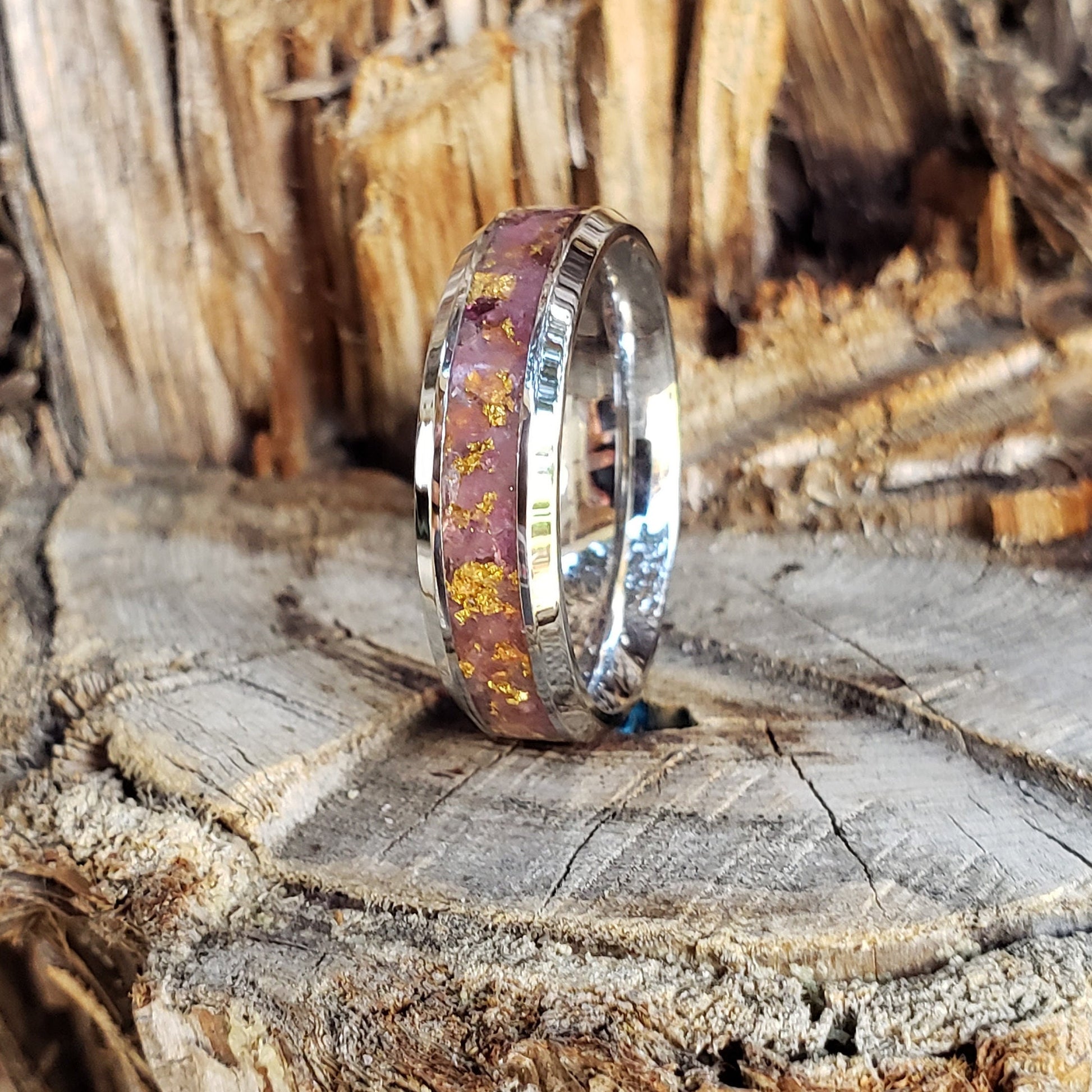 Pink Gold Ring - Pink Tourmaline & Gold Crystal Inlay, Tungsten Titanium Ceramic, Men Women, Wedding Ring, His Hers Promise, Engagement