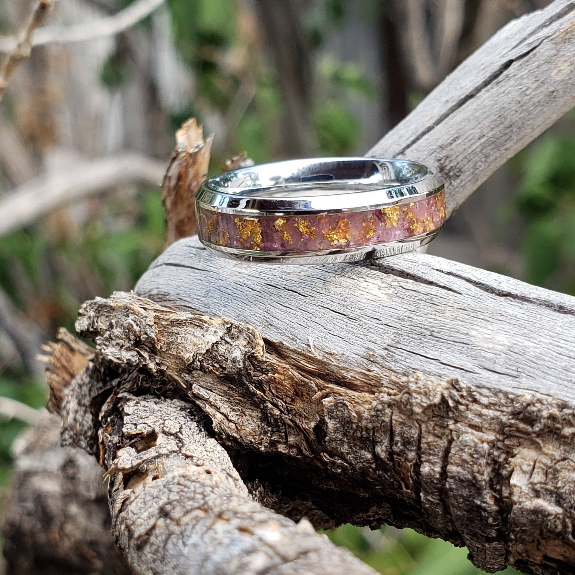 Pink Gold Ring - Pink Tourmaline & Gold Crystal Inlay, Tungsten Titanium Ceramic, Men Women, Wedding Ring, His Hers Promise, Engagement