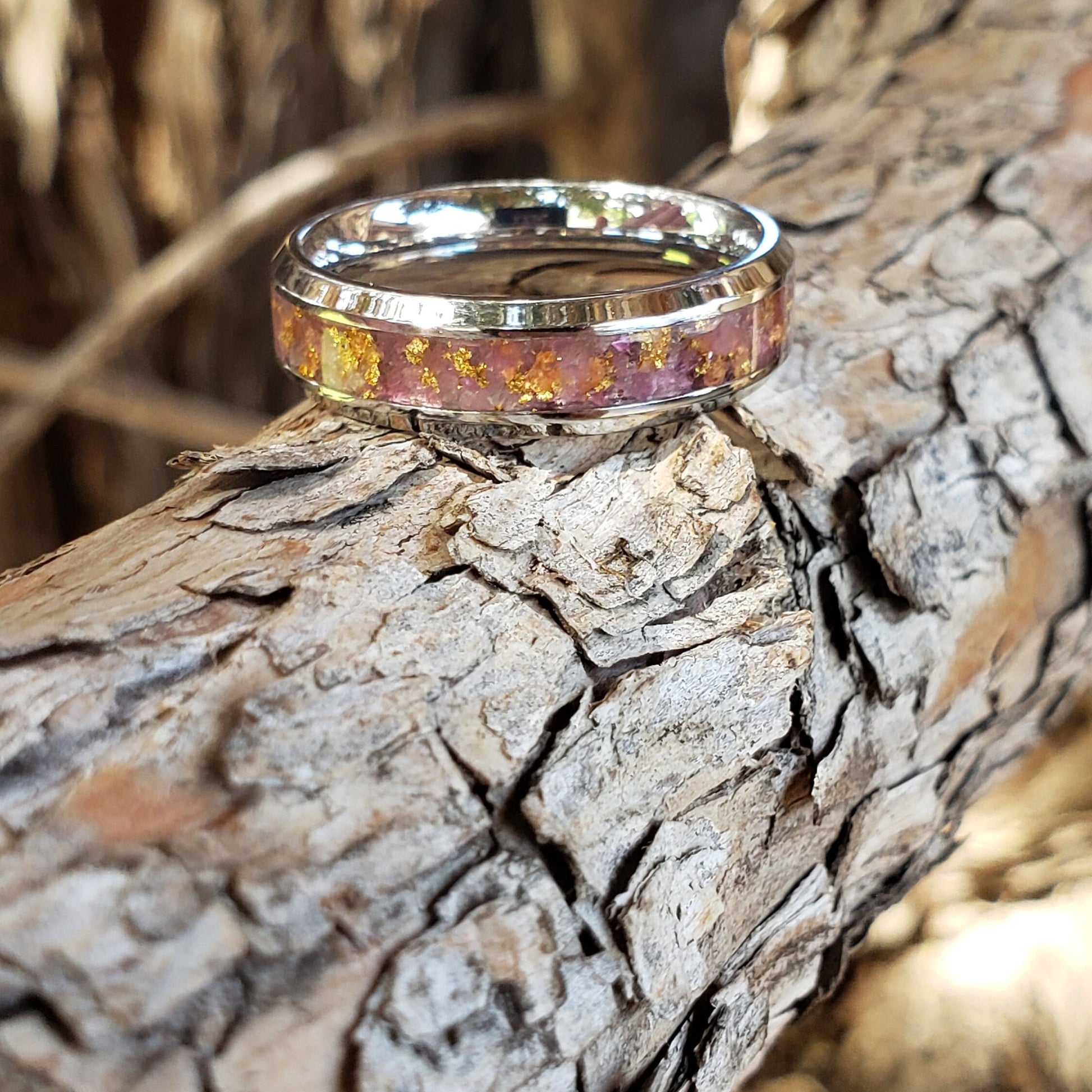 Pink Gold Ring - Pink Tourmaline & Gold Crystal Inlay, Tungsten Titanium Ceramic, Men Women, Wedding Ring, His Hers Promise, Engagement