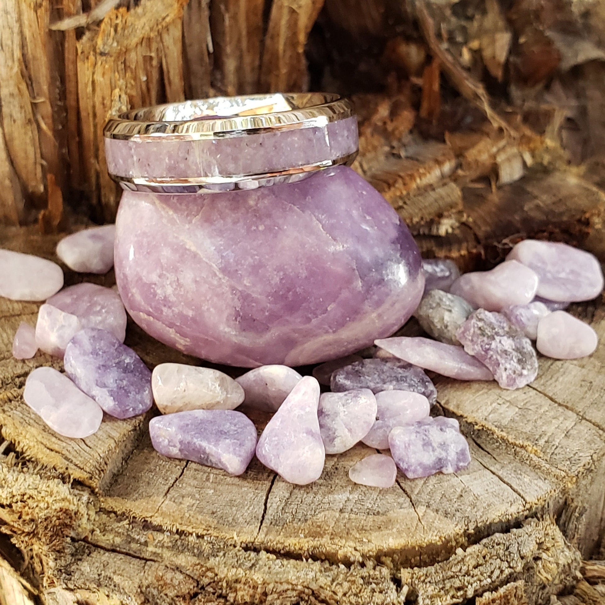 Lilac Ring - Lepidolite Crystal Inlay, Tungsten Titanium Ceramic, Men Women, Wedding Ring, His Hers Promise, Engagement Ring 8mm 6mm