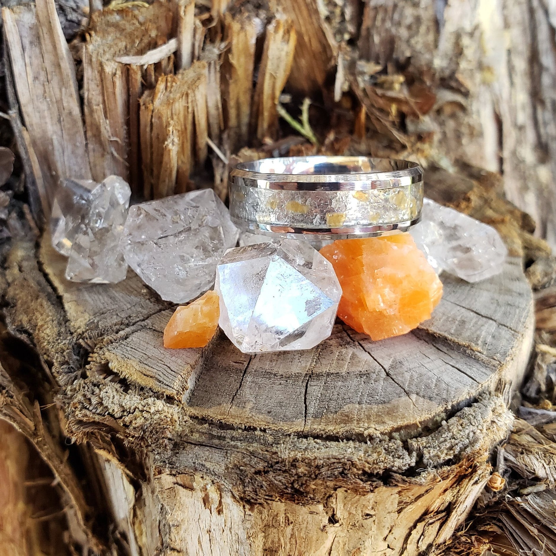 Sol Ring - Herkimer Diamond & Sunstone Crystal Inlay, Tungsten Titanium , Men Women, Wedding Ring, His Hers Promise, Engagement Ring 8mm 6mm