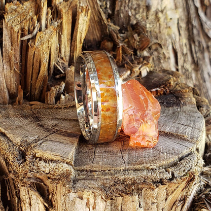Wildfire Ring - Carnelian Crystal Inlay, Tungsten Titanium Ceramic, Men Women, Wedding Ring, His Hers Promise, Engagement Ring 8mm 6mm