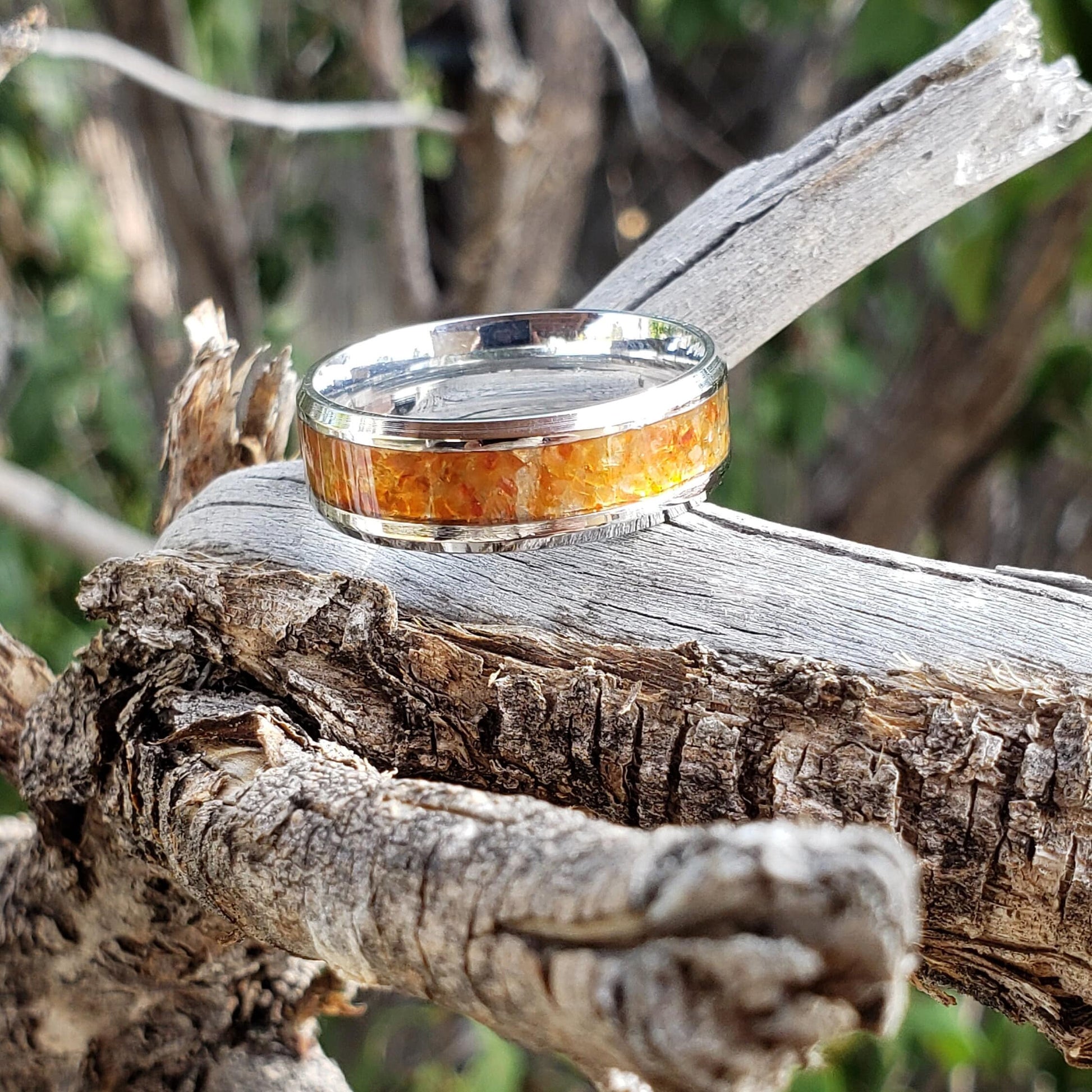 Wildfire Ring - Carnelian Crystal Inlay, Tungsten Titanium Ceramic, Men Women, Wedding Ring, His Hers Promise, Engagement Ring 8mm 6mm