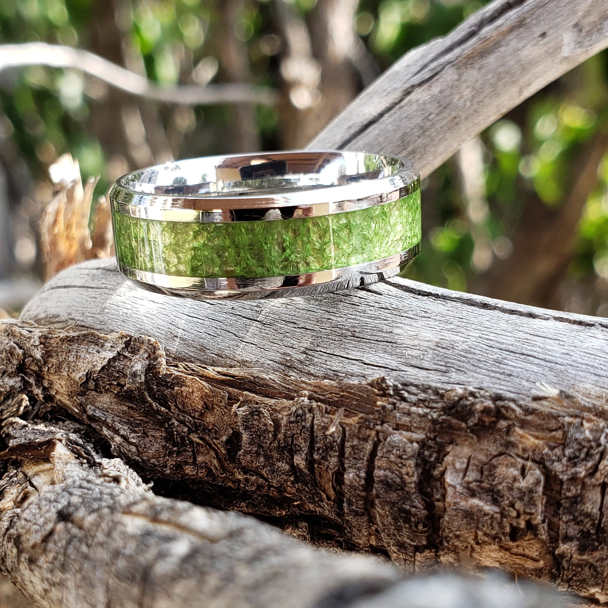 Ecto Ring - Green Apatite Crystal Inlay, Tungsten Titanium Ceramic, Men Women, Wedding Ring, His Hers Promise, Engagement Ring 8mm 6mm