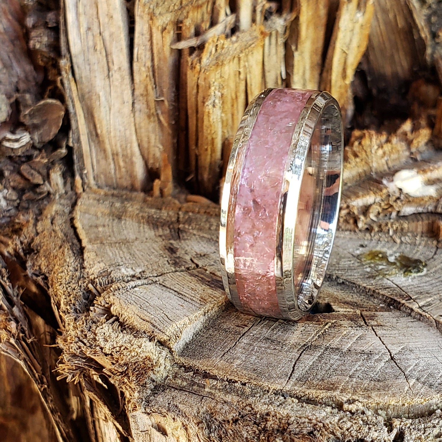 Pure Love Ring - Rose Quartz Crystal Inlay, Tungsten Titanium Ceramic, Men Women, Wedding Ring, His Hers Promise, Engagement Ring 8mm 6mm