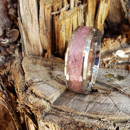 Pure Love Ring - Rose Quartz Crystal Inlay, Tungsten Titanium Ceramic, Men Women, Wedding Ring, His Hers Promise, Engagement Ring 8mm 6mm