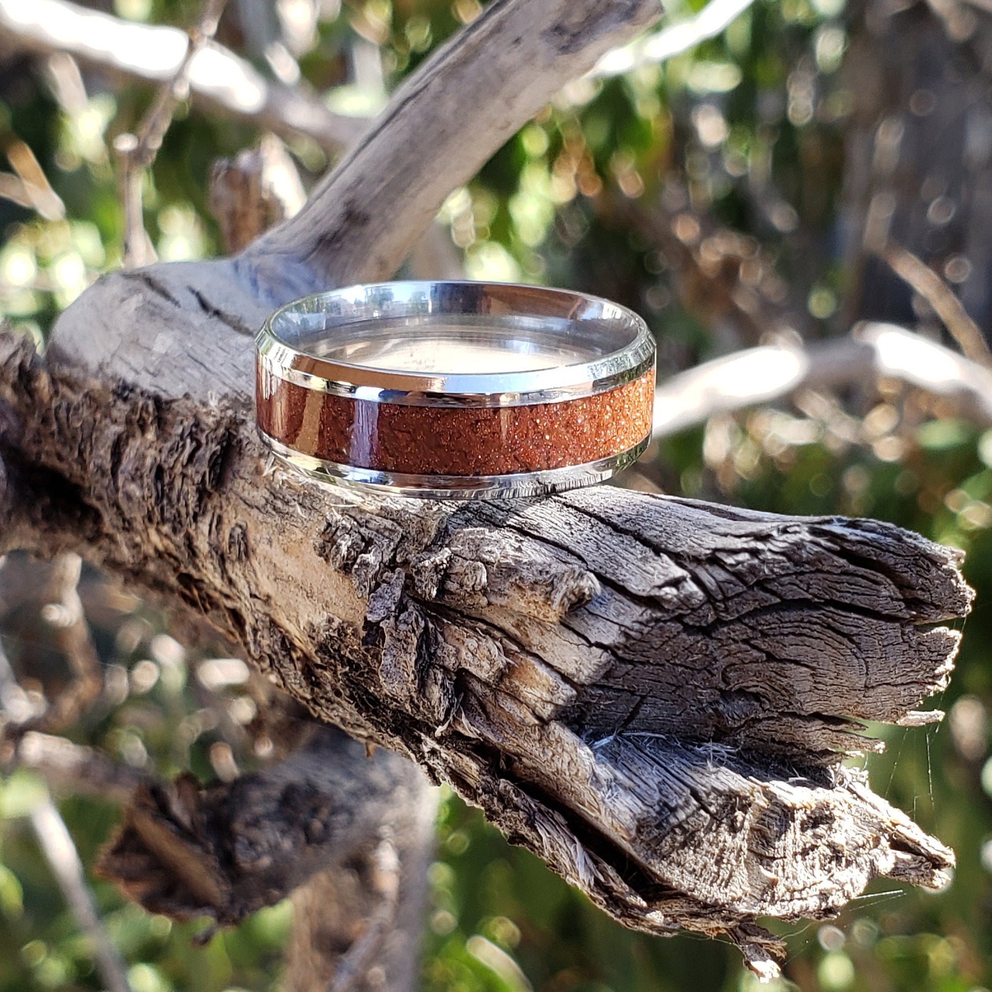 Golden Sands Ring - Goldstone Crystal Inlay, Tungsten Titanium Ceramic, Men Women, Wedding Ring, His Hers Promise, Engagement Ring 8mm 6mm