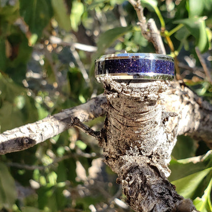 Nebula Ring - Blue Goldstone Crystal Inlay, Tungsten Titanium Ceramic, Men Women, Wedding Ring, His Hers Promise, Engagement Ring 8mm 6mm