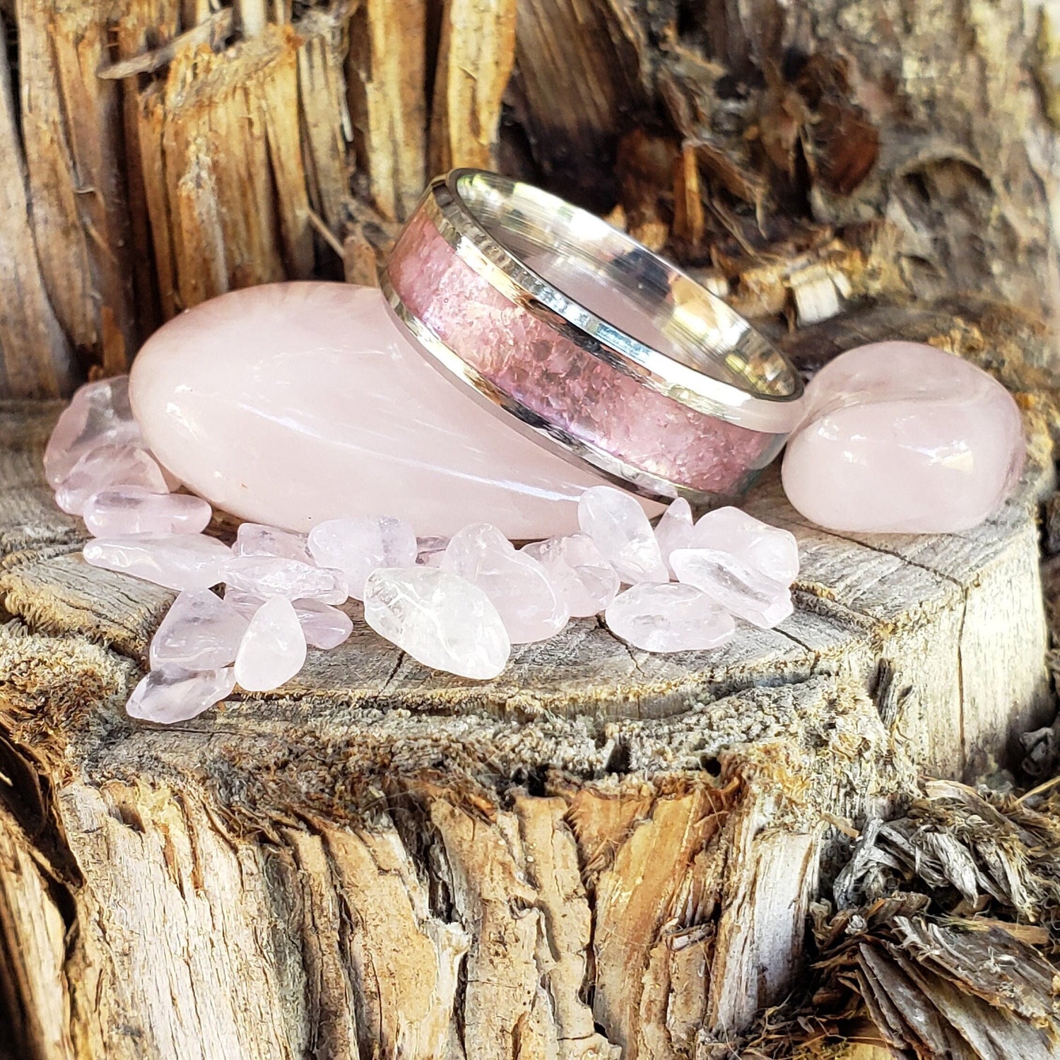 Pure Love Ring - Rose Quartz Crystal Inlay, Tungsten Titanium Ceramic, Men Women, Wedding Ring, His Hers Promise, Engagement Ring 8mm 6mm